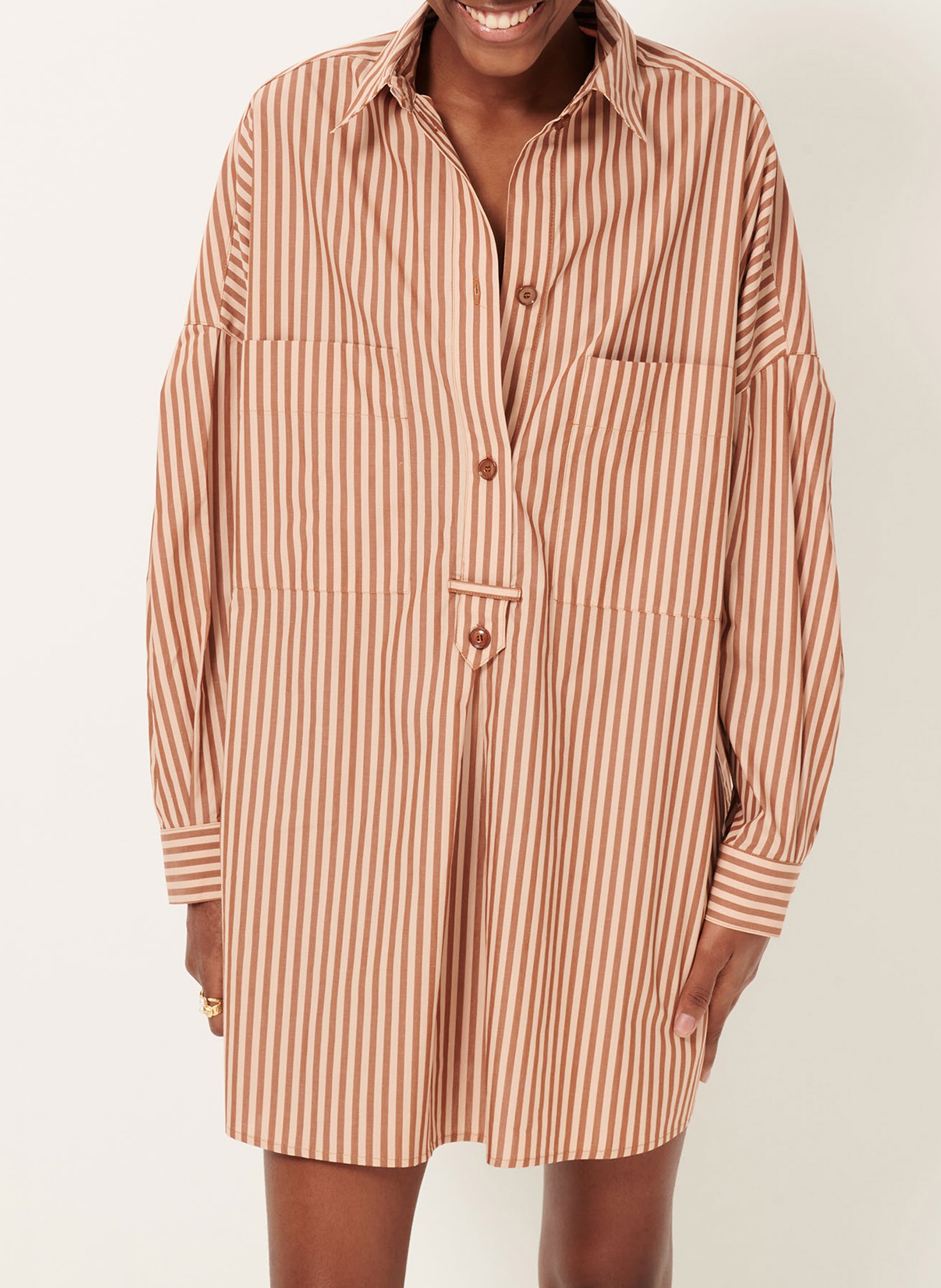 Robe chemise col classique ample en coton rayé SESSUN Marron