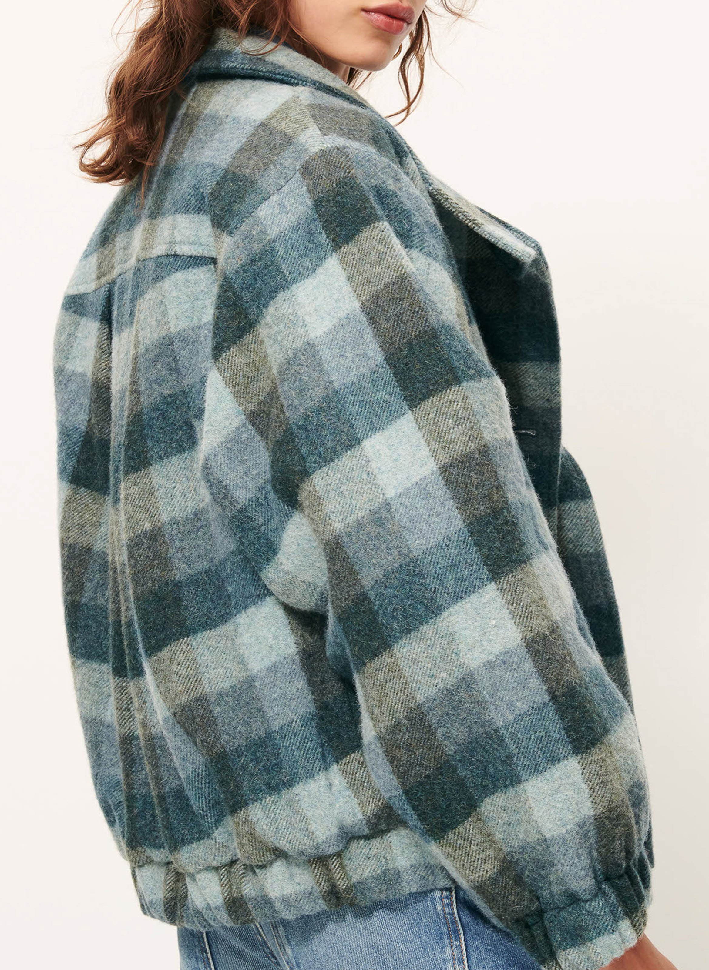 Manteau droit col montant en laine mélangée à carreaux SESSUN Bleu