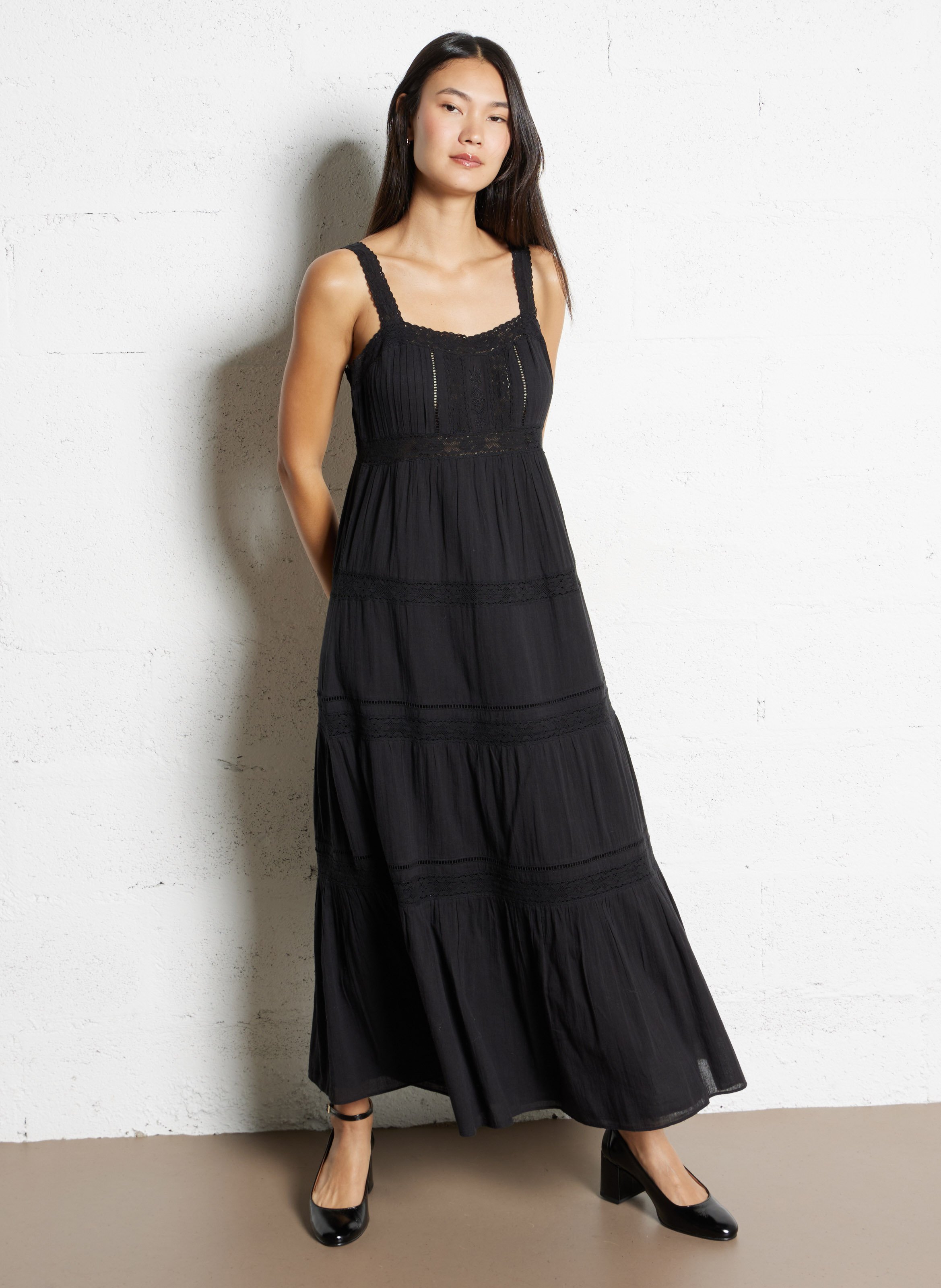 Langes Baumwollkleid mit eckigem Ausschnitt SUD EXPRESS Schwarz