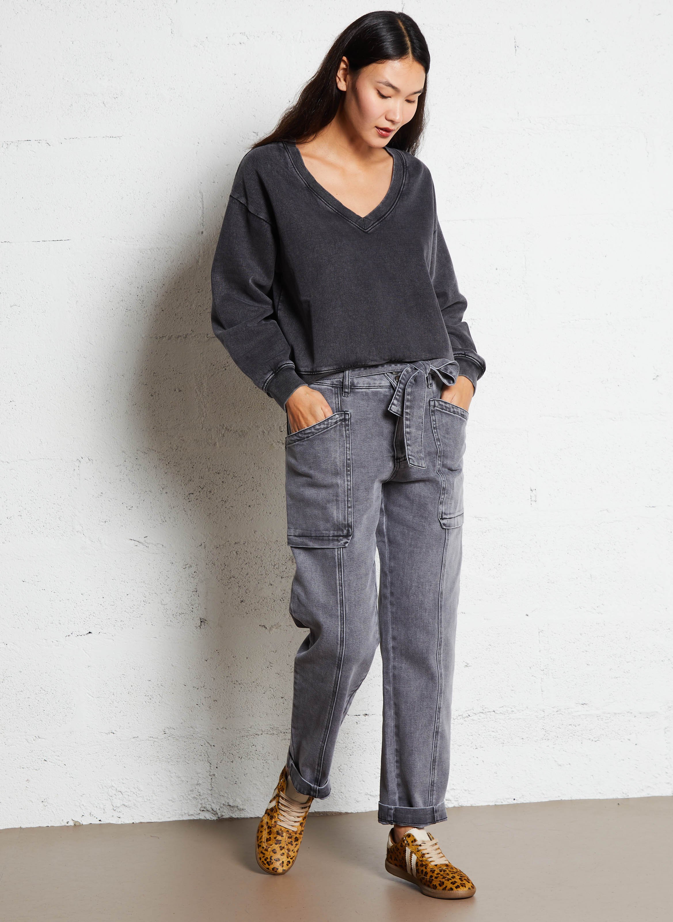 Sweat col V en coton IKKS Gris