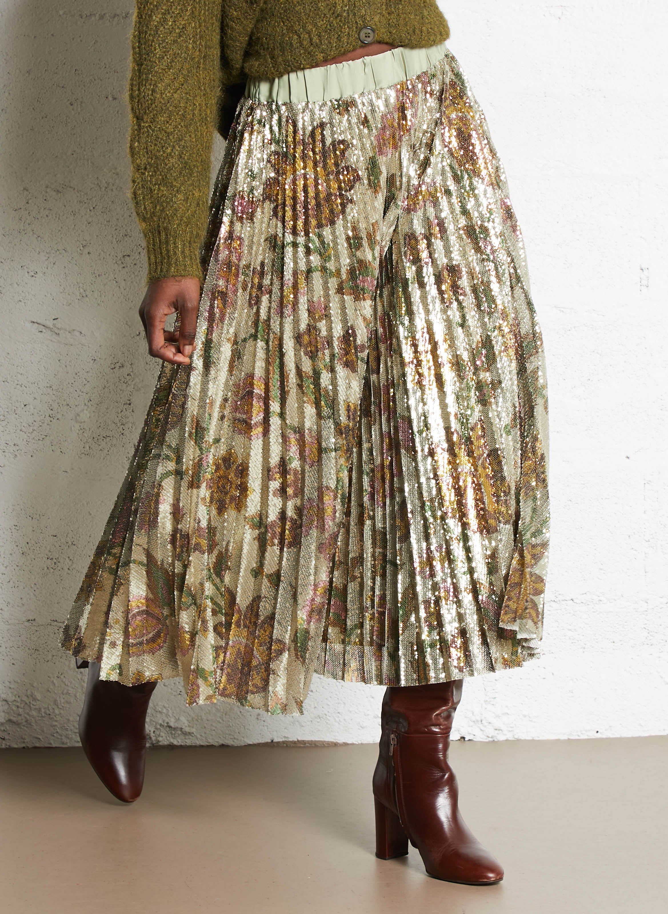 Jupe midi plissée imprimée PETITE MENDIGOTE Beige