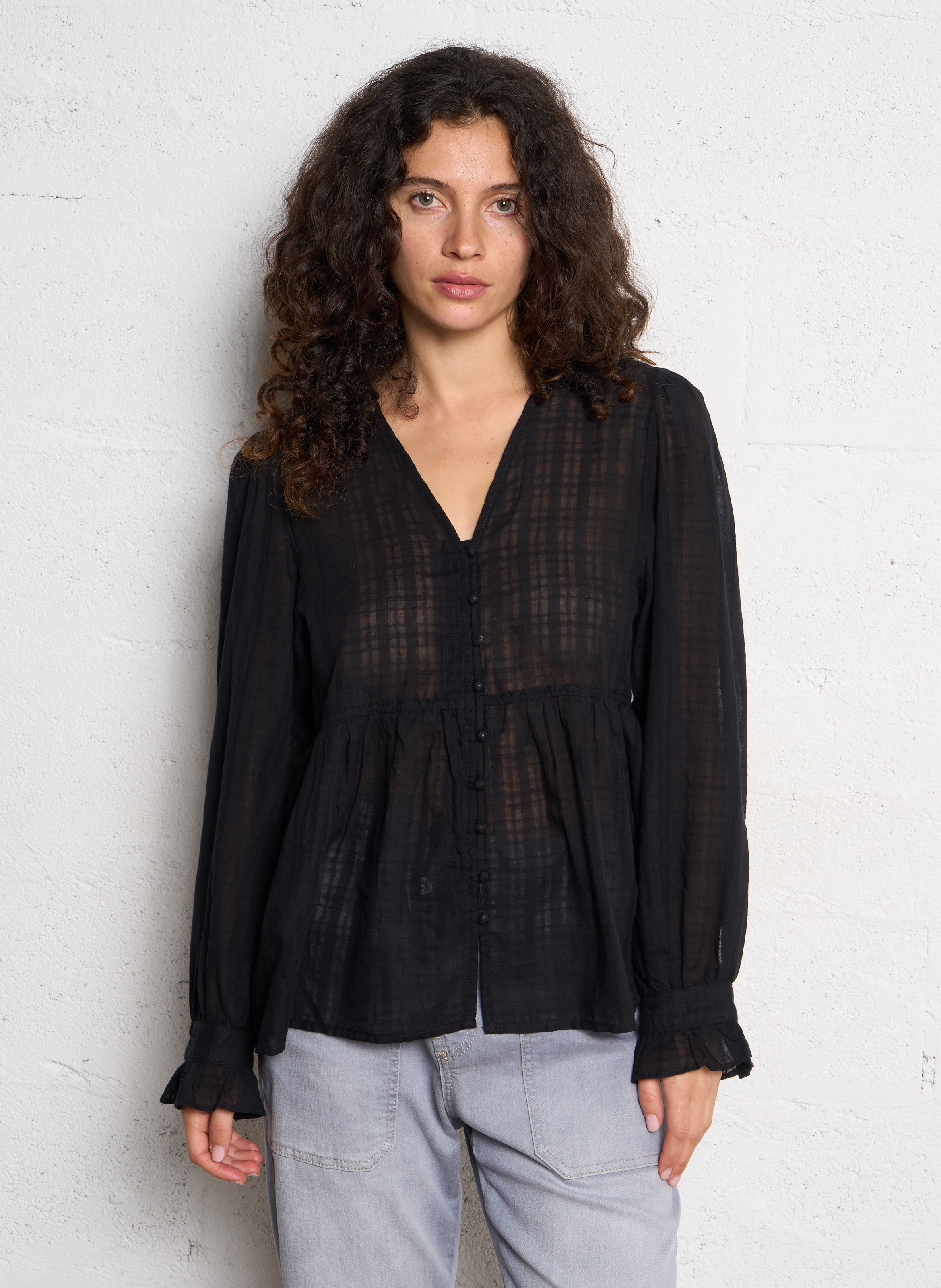 Baumwollbluse mit V-Ausschnitt THE KORNER Schwarz