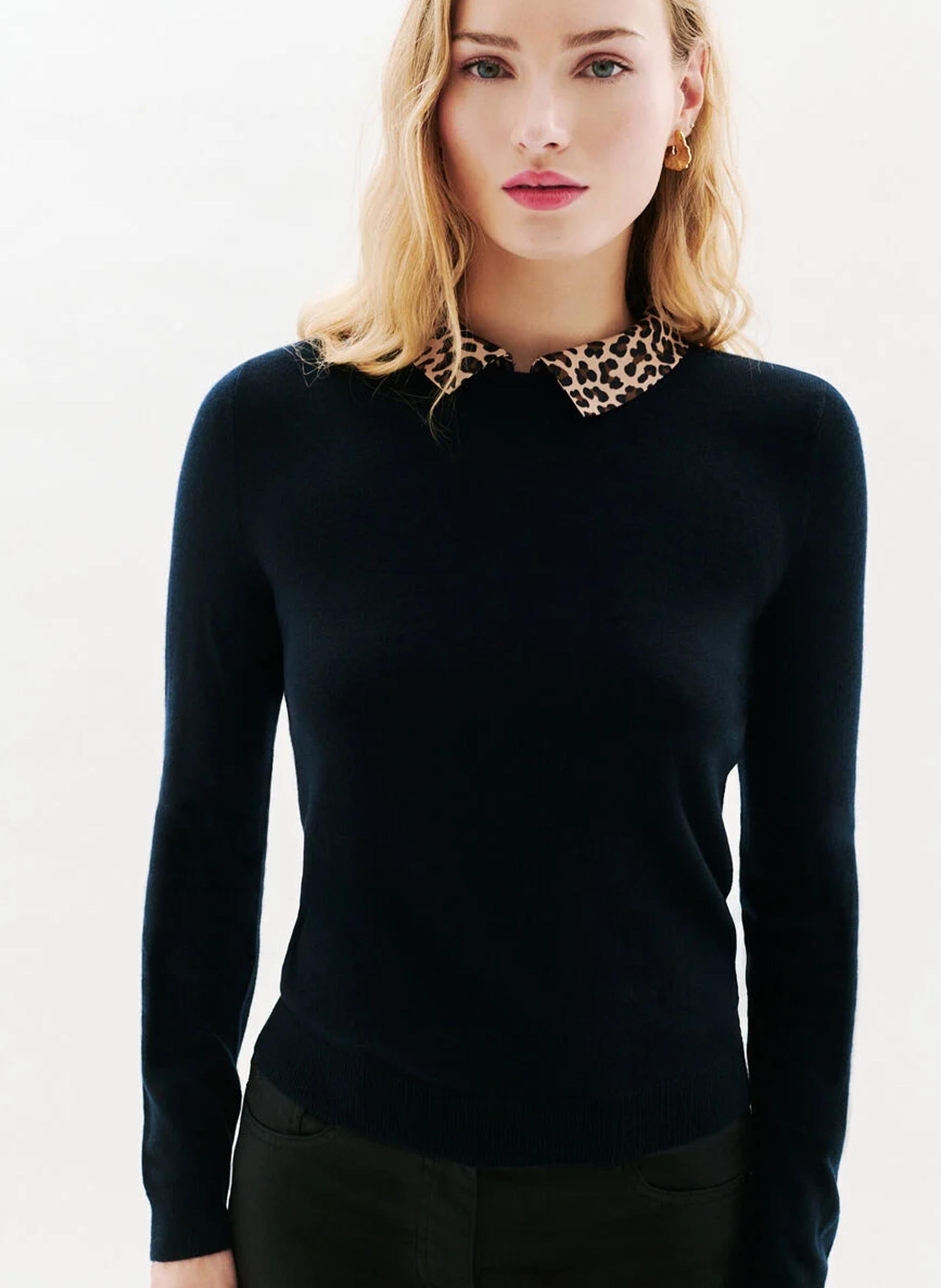 Pull col classique en laine et en cachemire mélangés CAROLL Noir