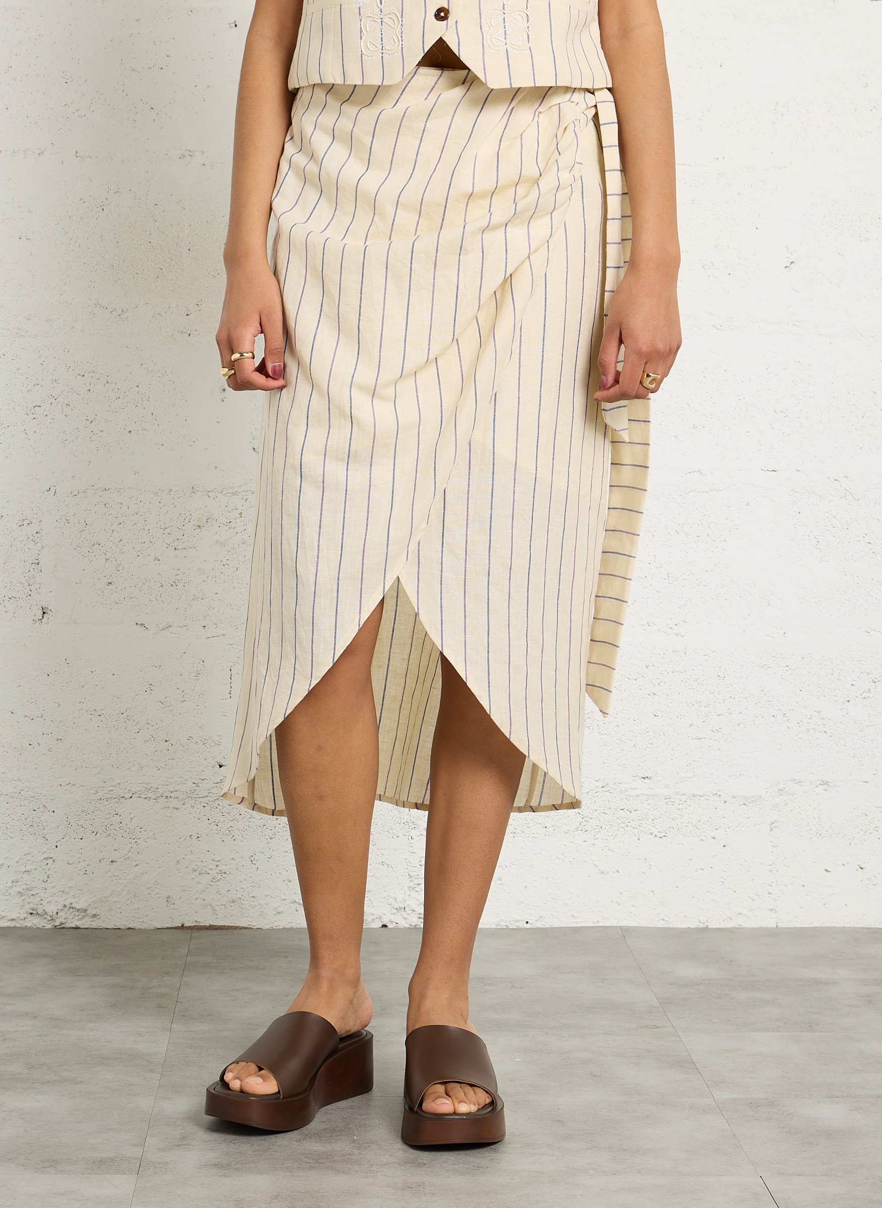 Jupe portefeuille rayée en lin LOUISE MISHA Beige