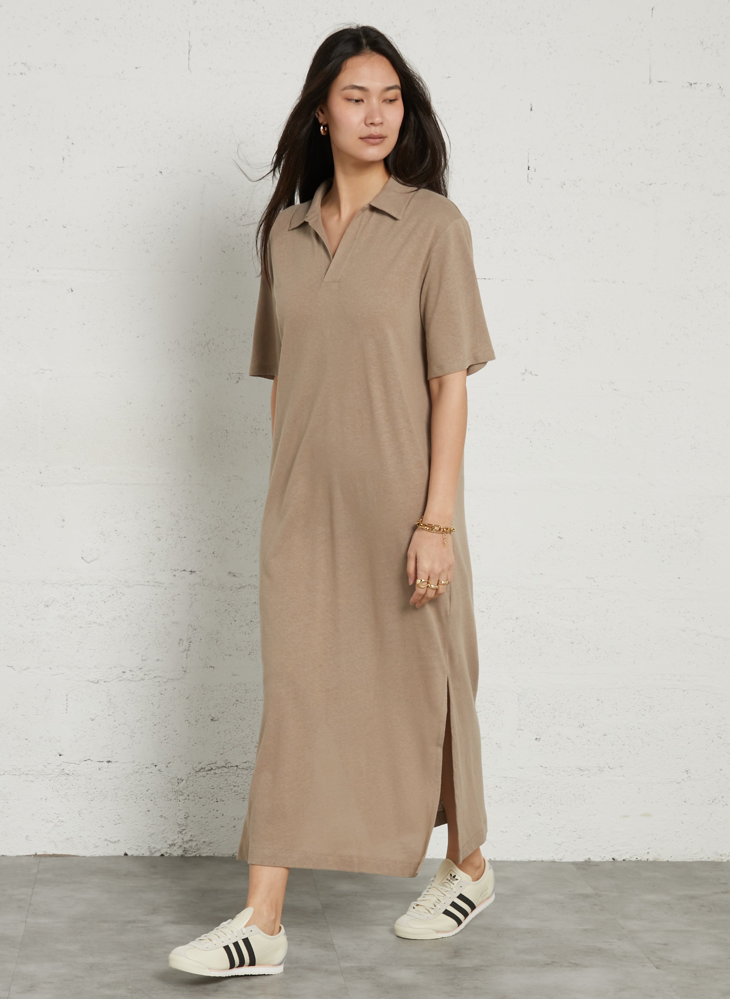 Robe longue col polo en coton et en laine mélangés MAJESTIC FILATURES Beige