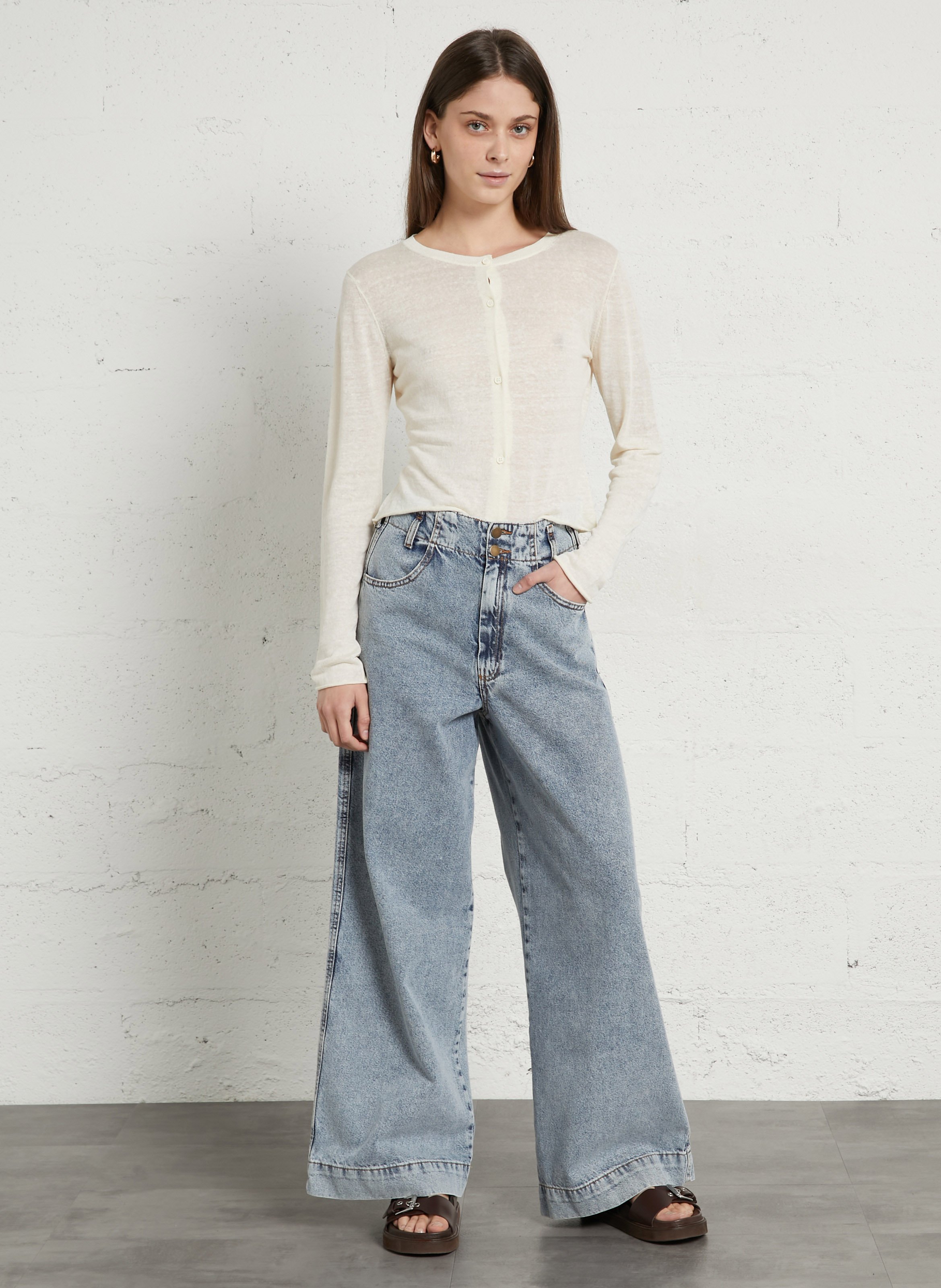 High-Waisted Wide Leg Washed Denim Jeans TINSELS Blue