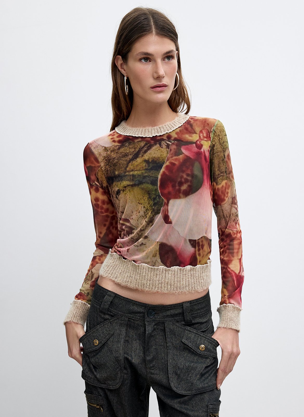 Printed round-neck T-shirt DESIGUAL Brown