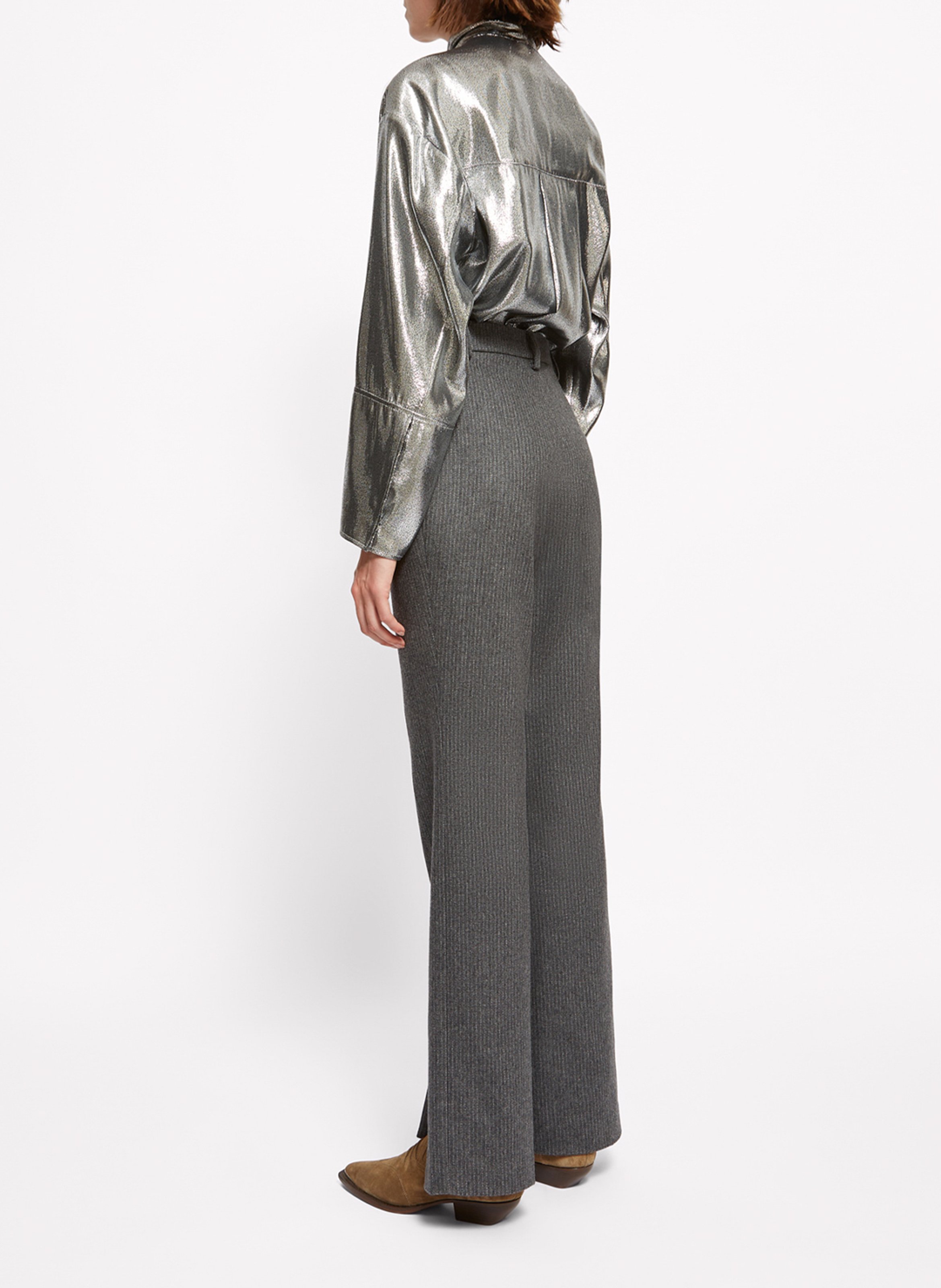 Pantalon droit en laine mélangée rayé ROSEANNA Gris