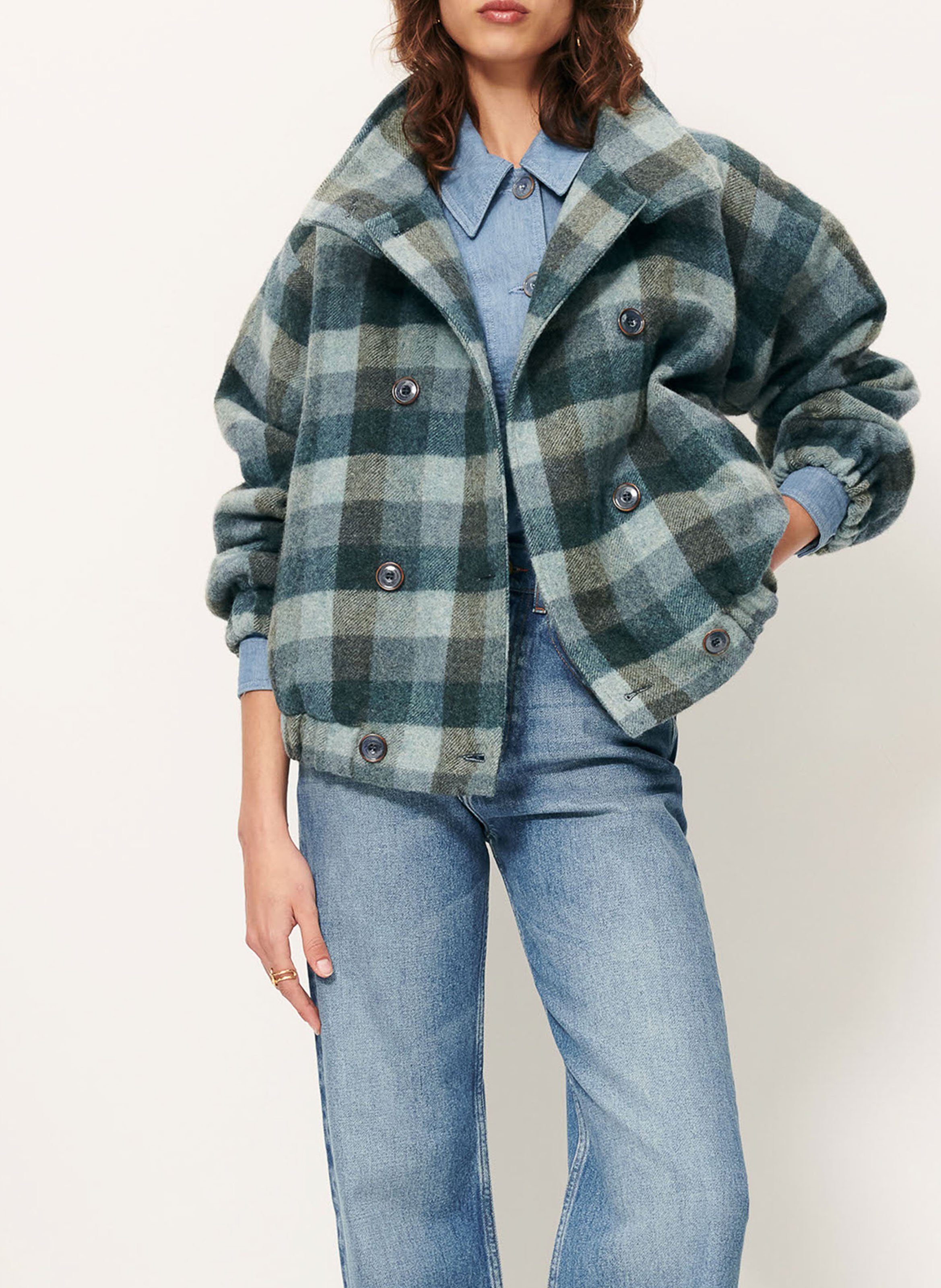 Manteau droit col montant en laine mélangée à carreaux SESSUN Bleu