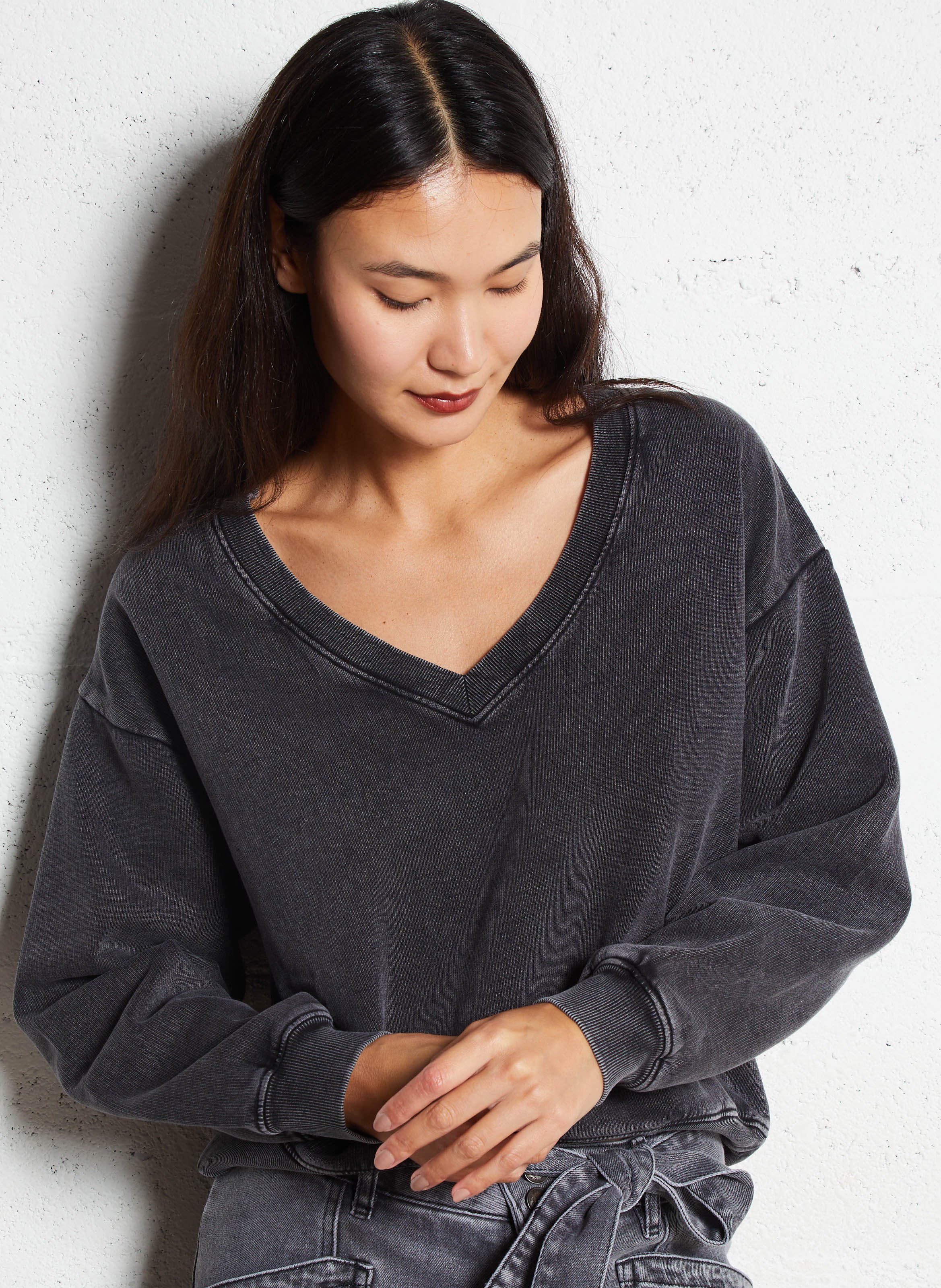 Sweat col V en coton IKKS Gris