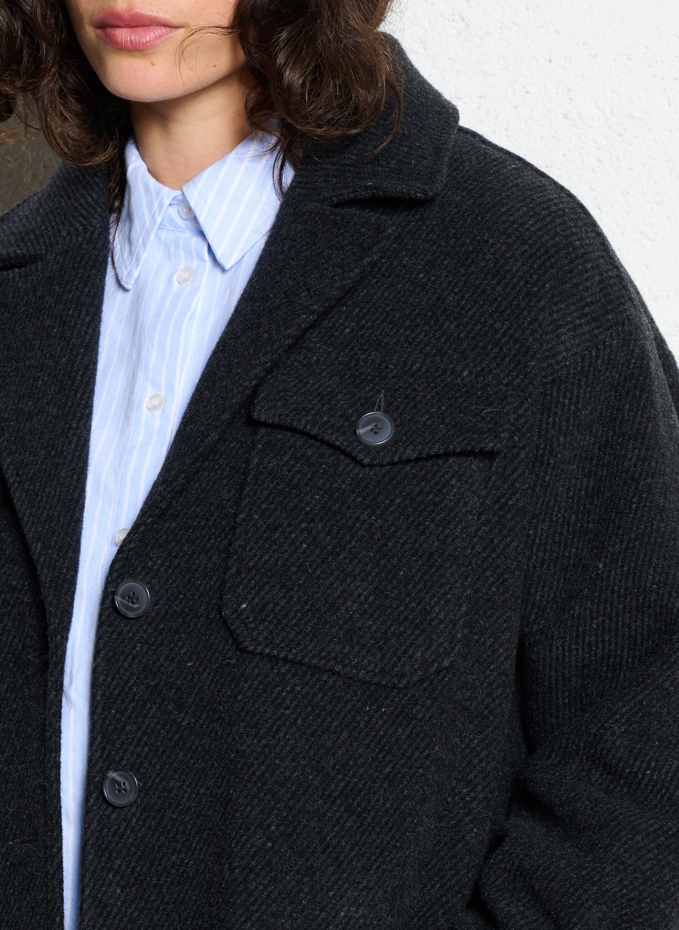Straight coat with tailored collar in striped mixed wool. I CODE Grey