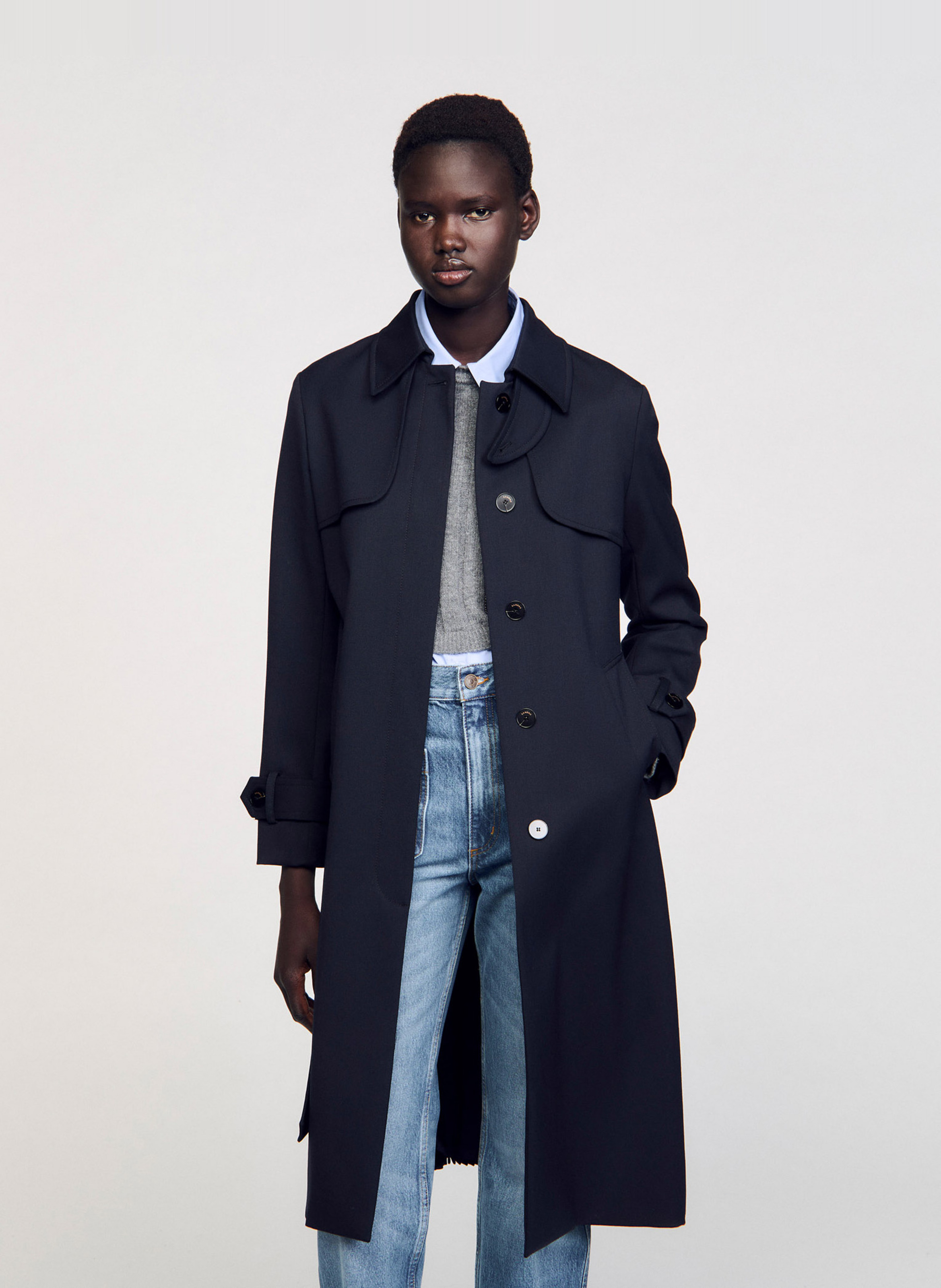 Trench col classique à empiècement plissé au dos SANDRO Bleu