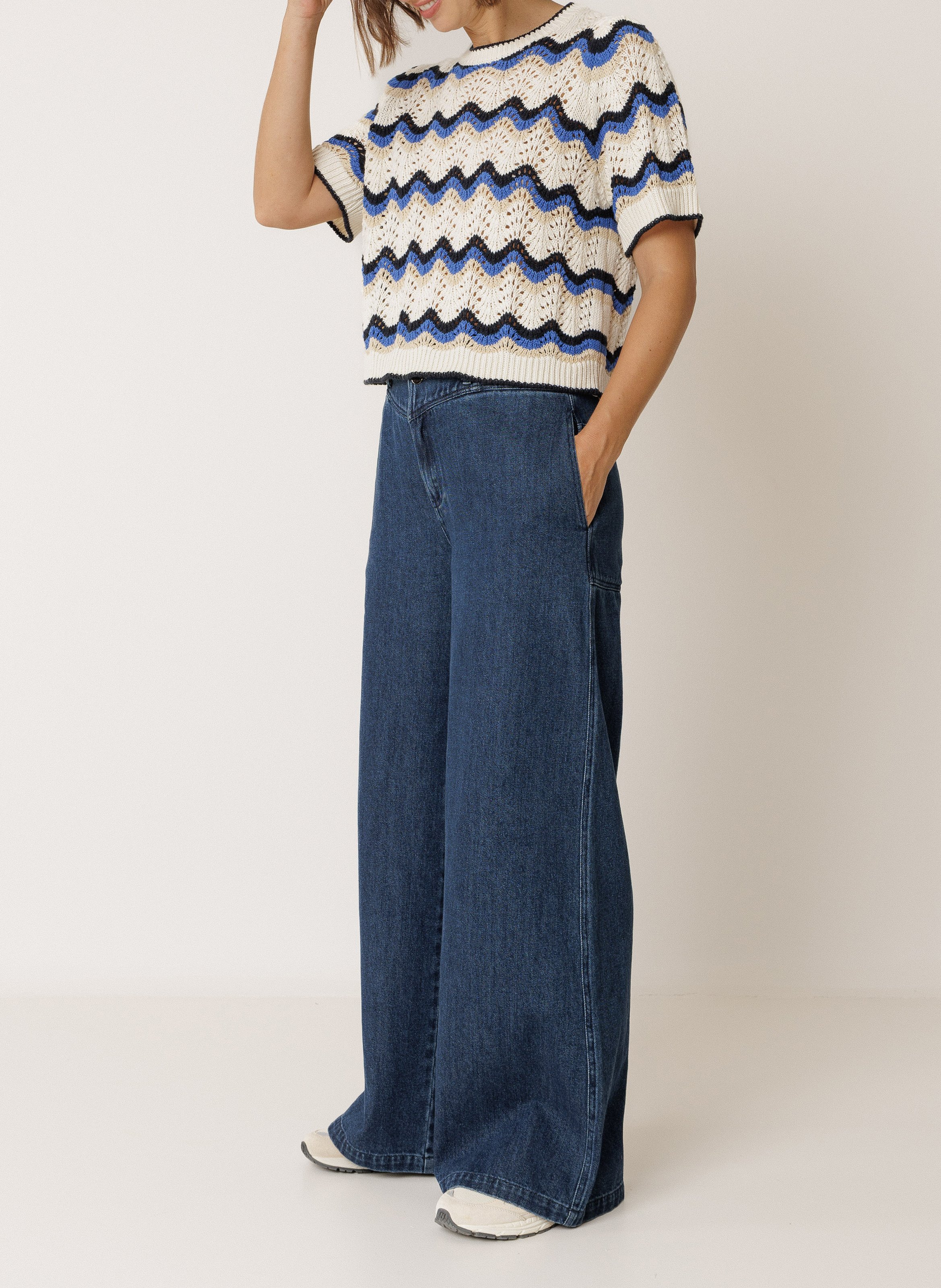 Gerader Rundhalsausschnittpullover aus Häkelstrick INDI & COLD Blau