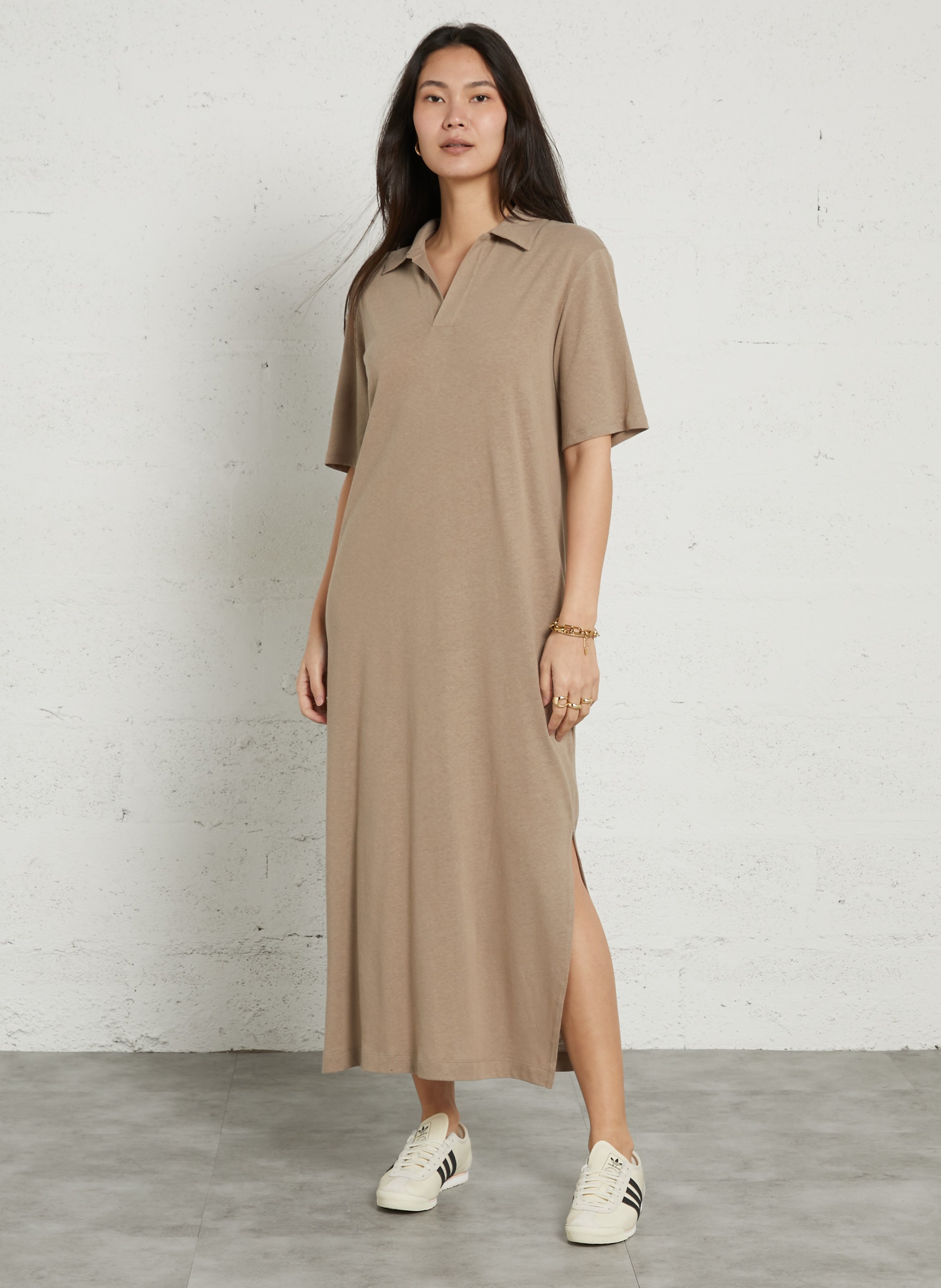 Robe longue col polo en coton et en laine mélangés MAJESTIC FILATURES Beige