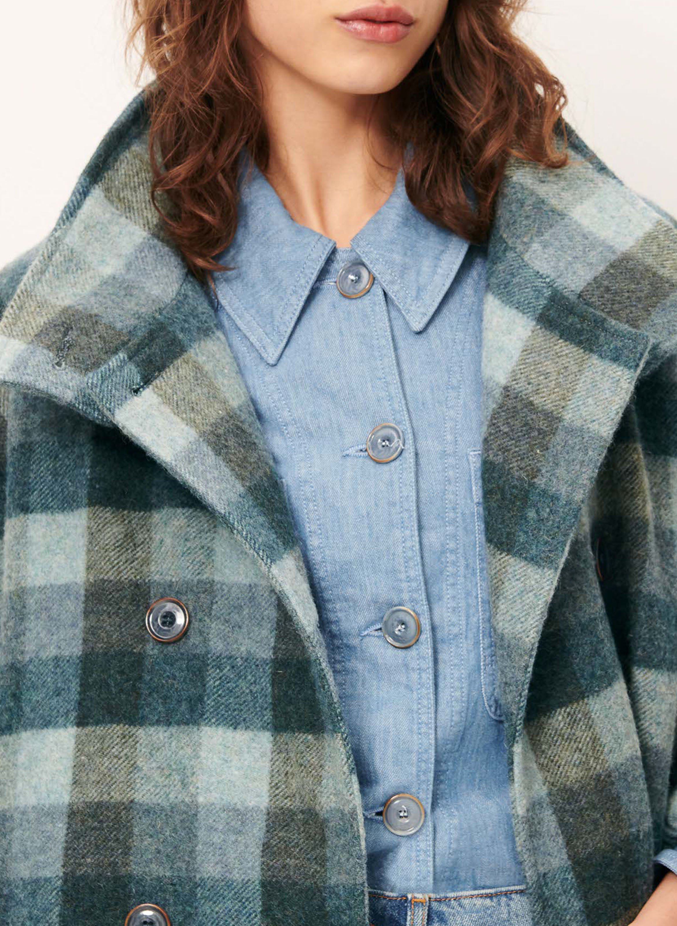 Manteau droit col montant en laine mélangée à carreaux SESSUN Bleu