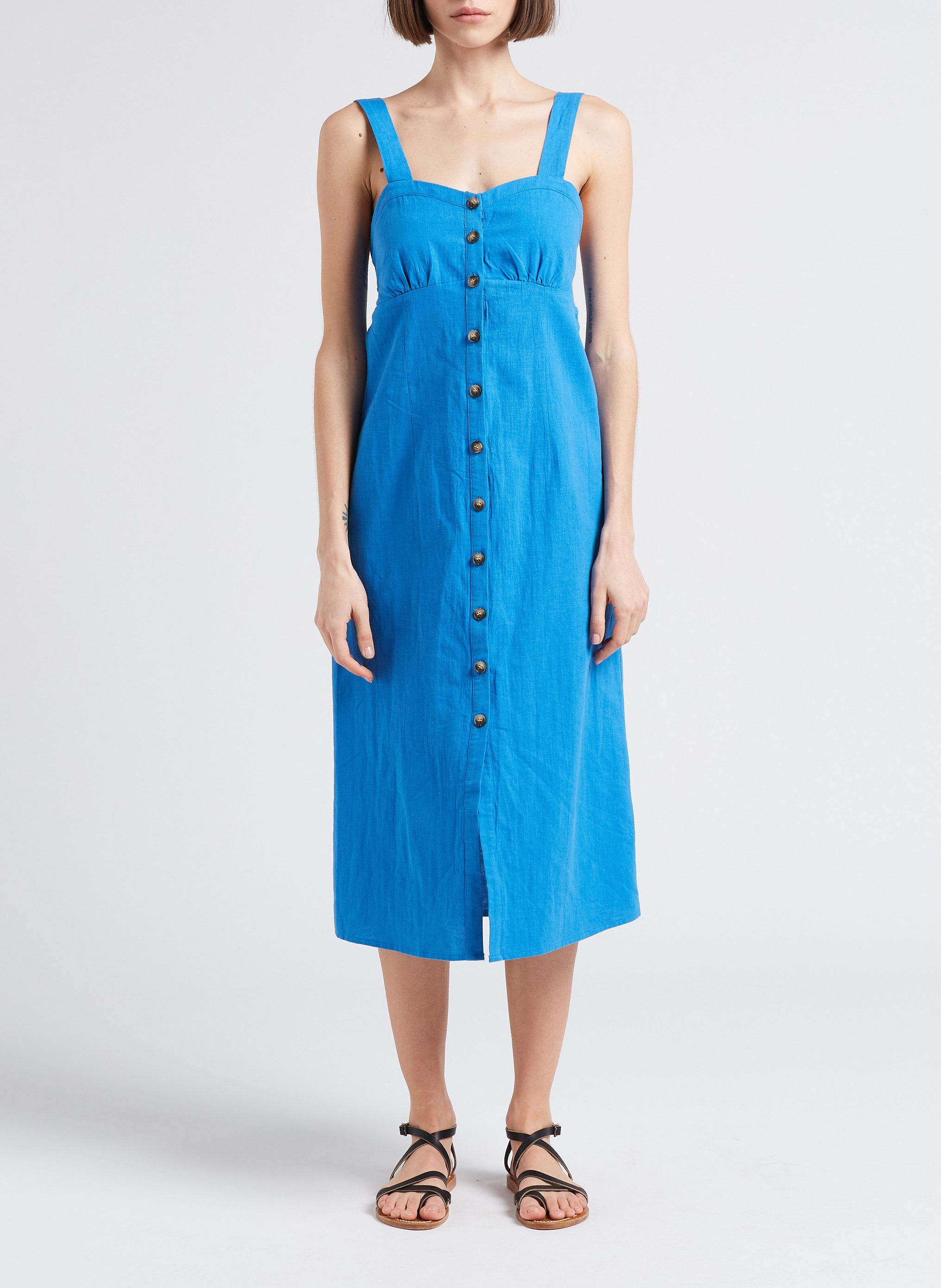 Robe mi-longue décolleté coeur en coton et en lin mélangés LA PETITE ETOILE Bleu