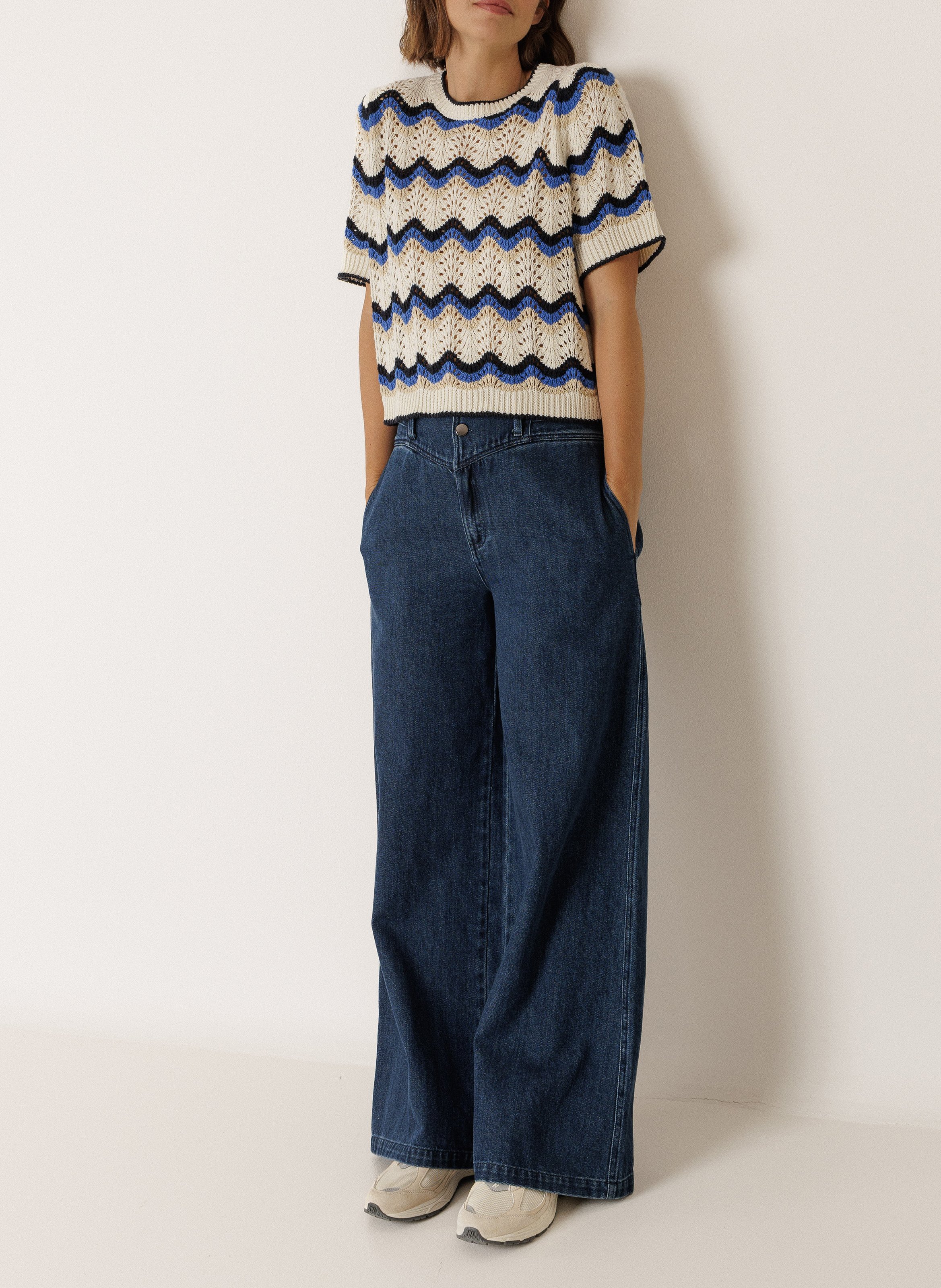 Gerader Rundhalsausschnittpullover aus Häkelstrick INDI & COLD Blau