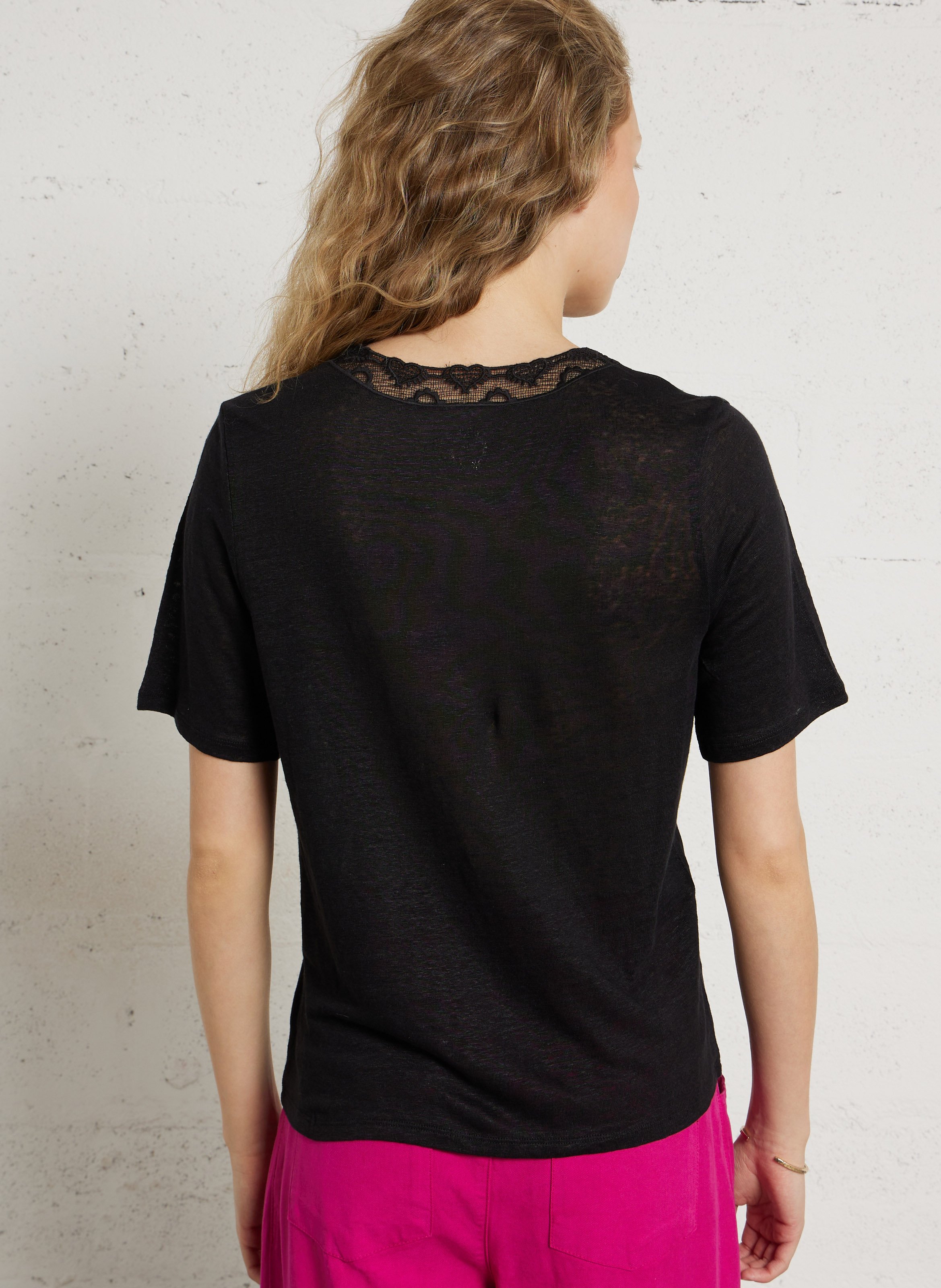 T-Shirt mit V-Ausschnitt und Spitze aus Leinen DES PETITS HAUTS Schwarz