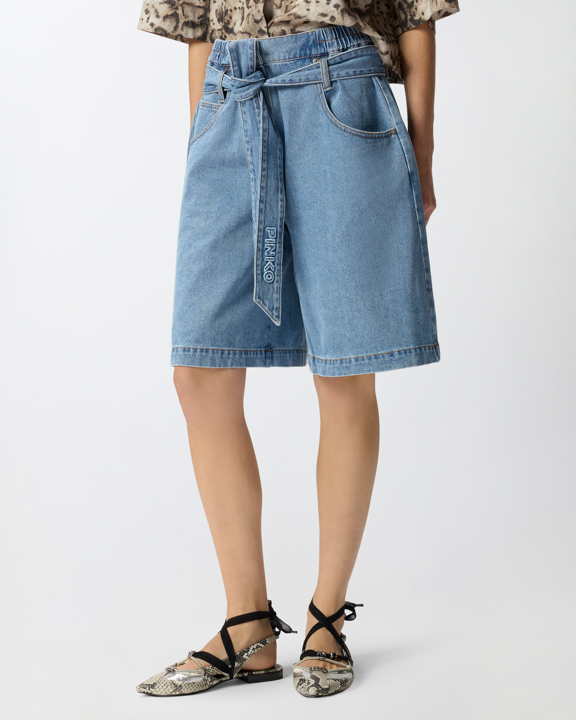 Bermuda wide leg en denim ceinturé PINKO Bleu