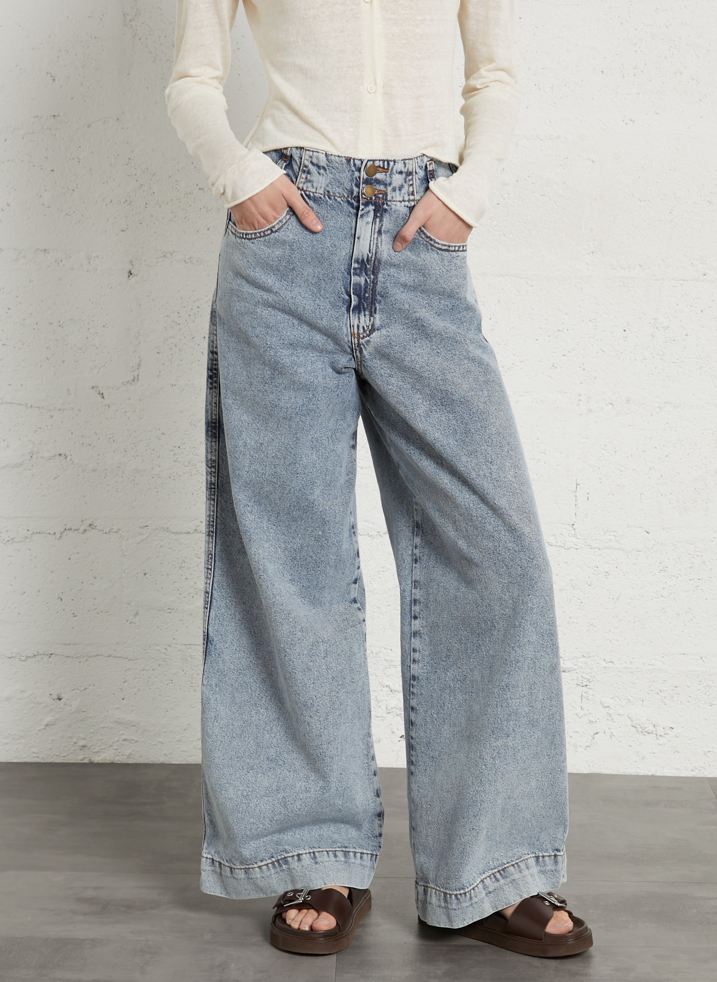 High-Waisted Wide Leg Washed Denim Jeans TINSELS Blue