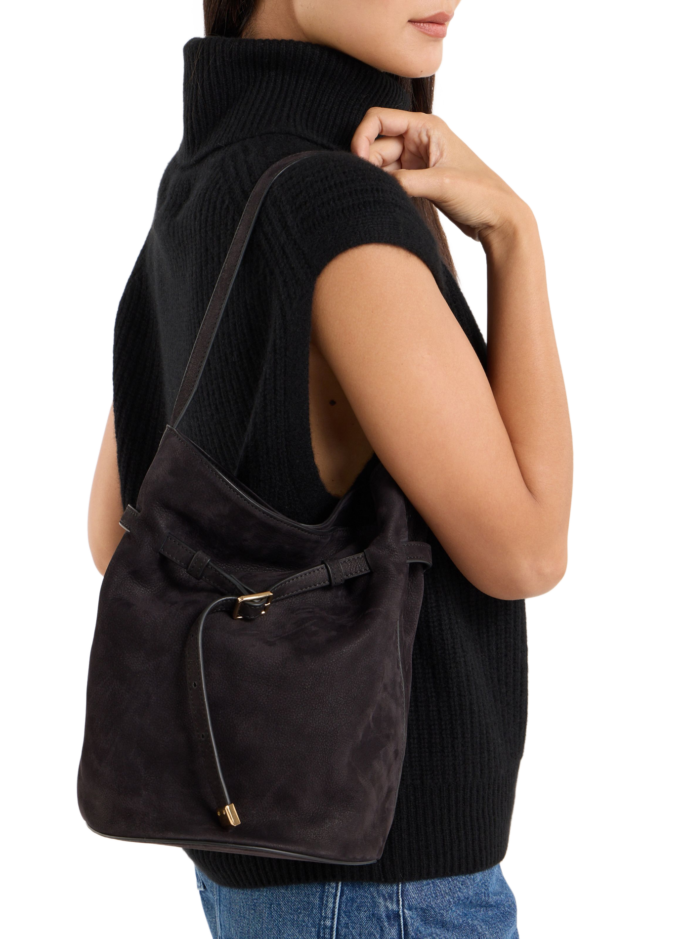 Ischi suede leather bucket bag SAISON 1865 Black