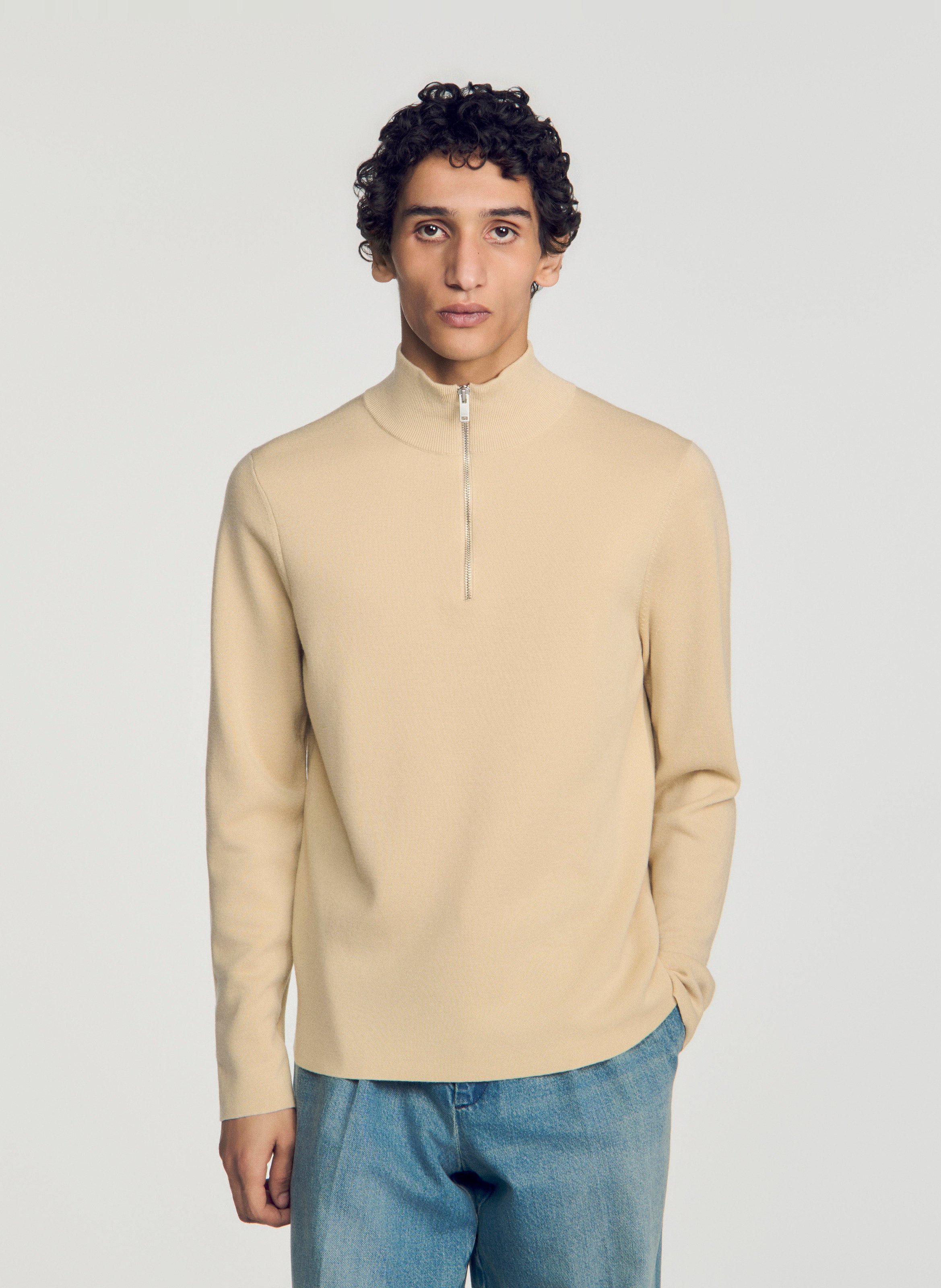 Gerade geschnittener Wollpullover mit Stehkragen und Reißverschluss SANDRO Beige