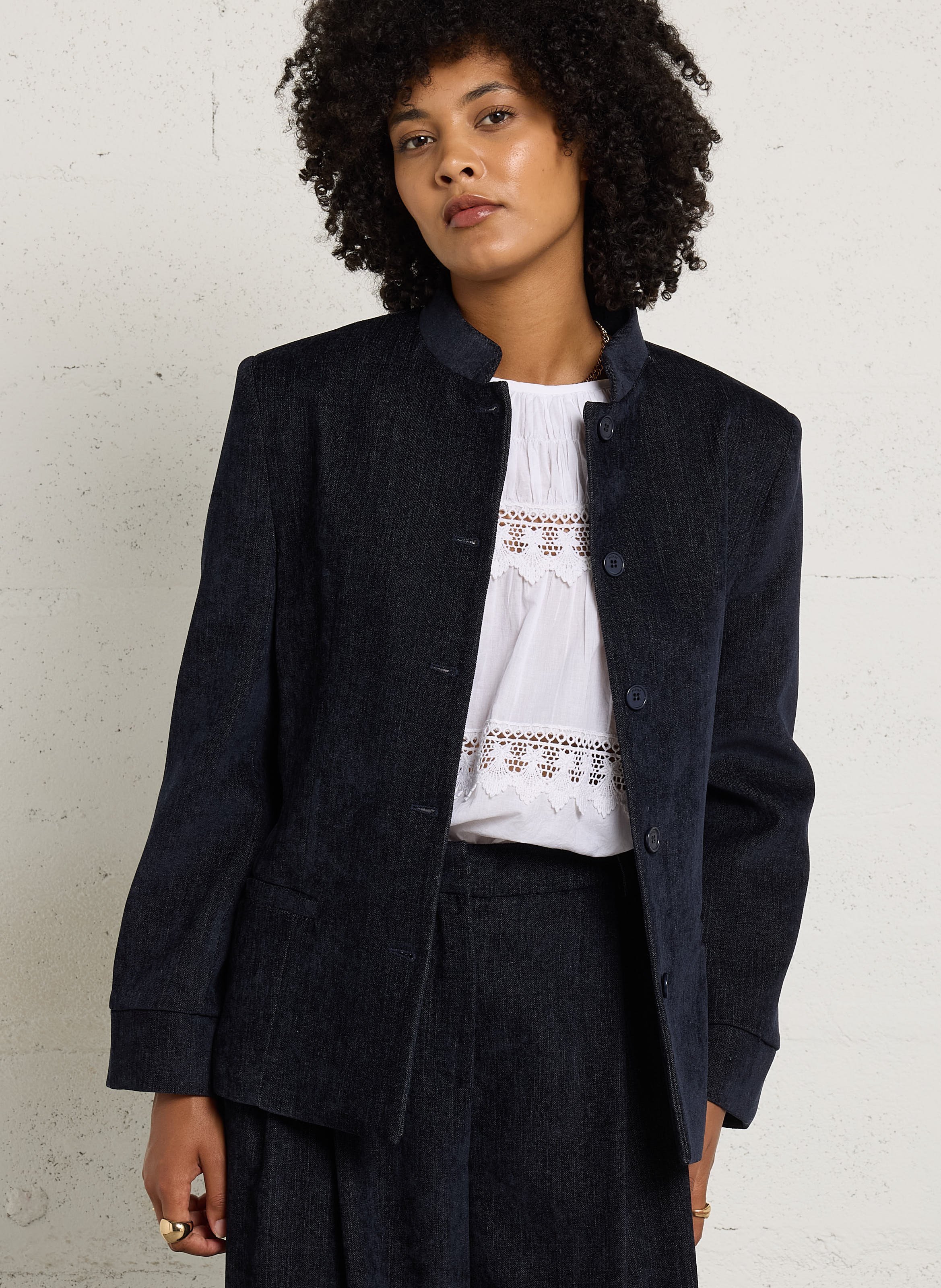 Veste tailleur droite en velours PLEASE Bleu