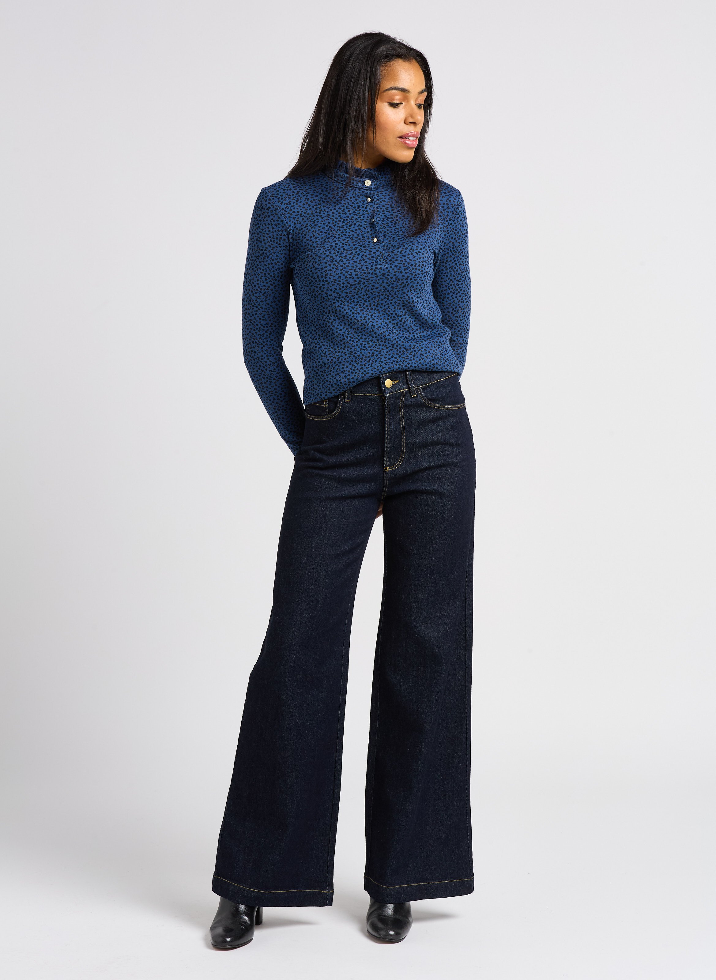 Jean large taille haute en coton I CODE Bleu