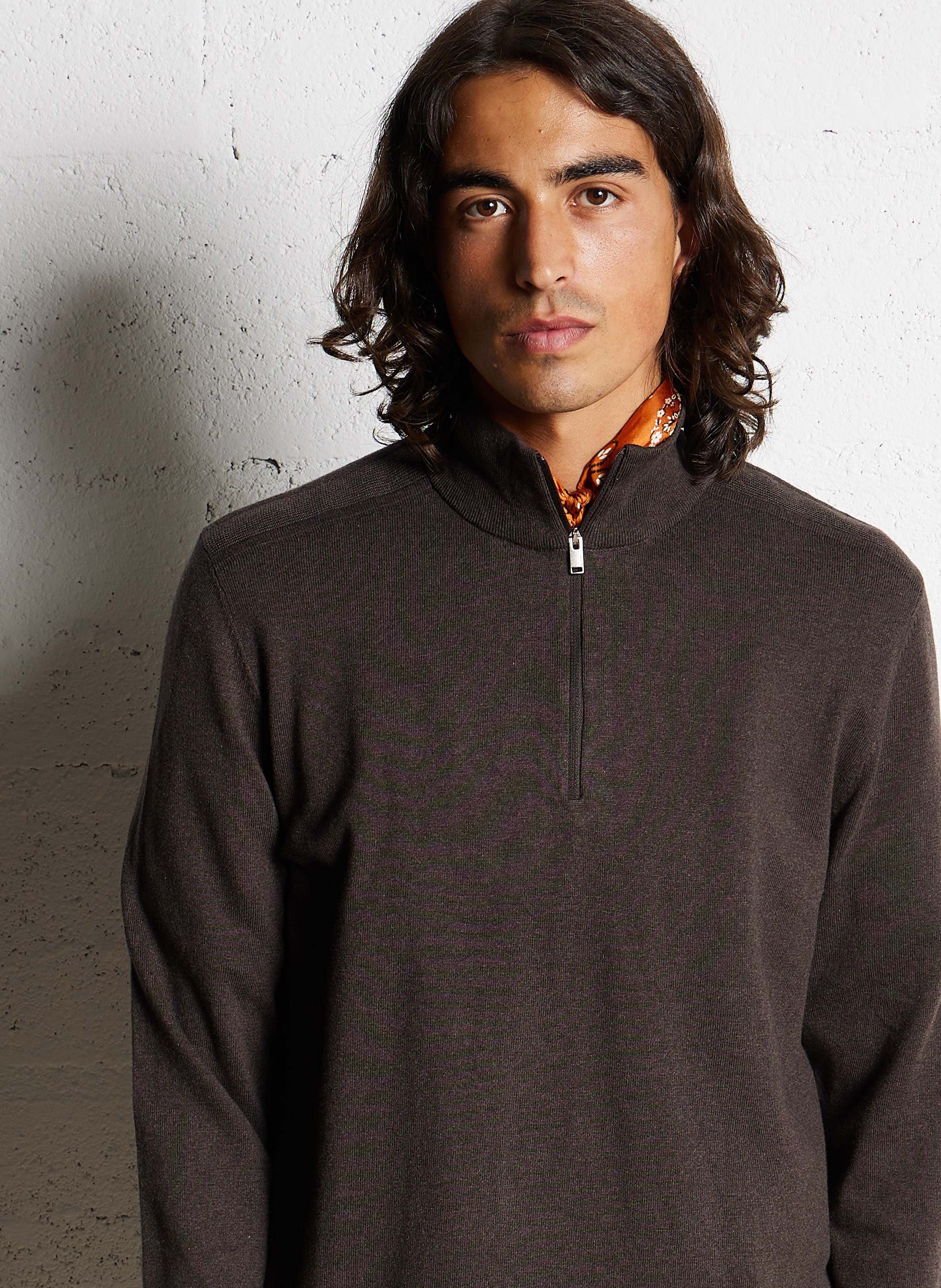 Regular fit katoenen trui met opstaande kraag en rits SELECTED Bruin