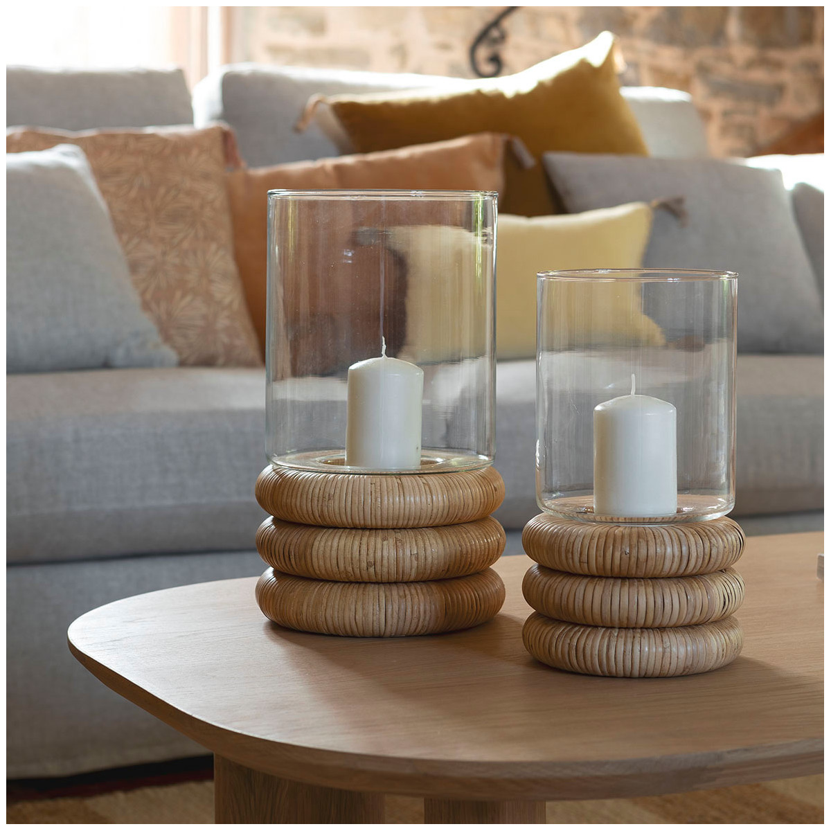 Glass and rattan Boline candle holder - small size - ø 16 x 28.5 cm BLANC D'IVOIRE Beige