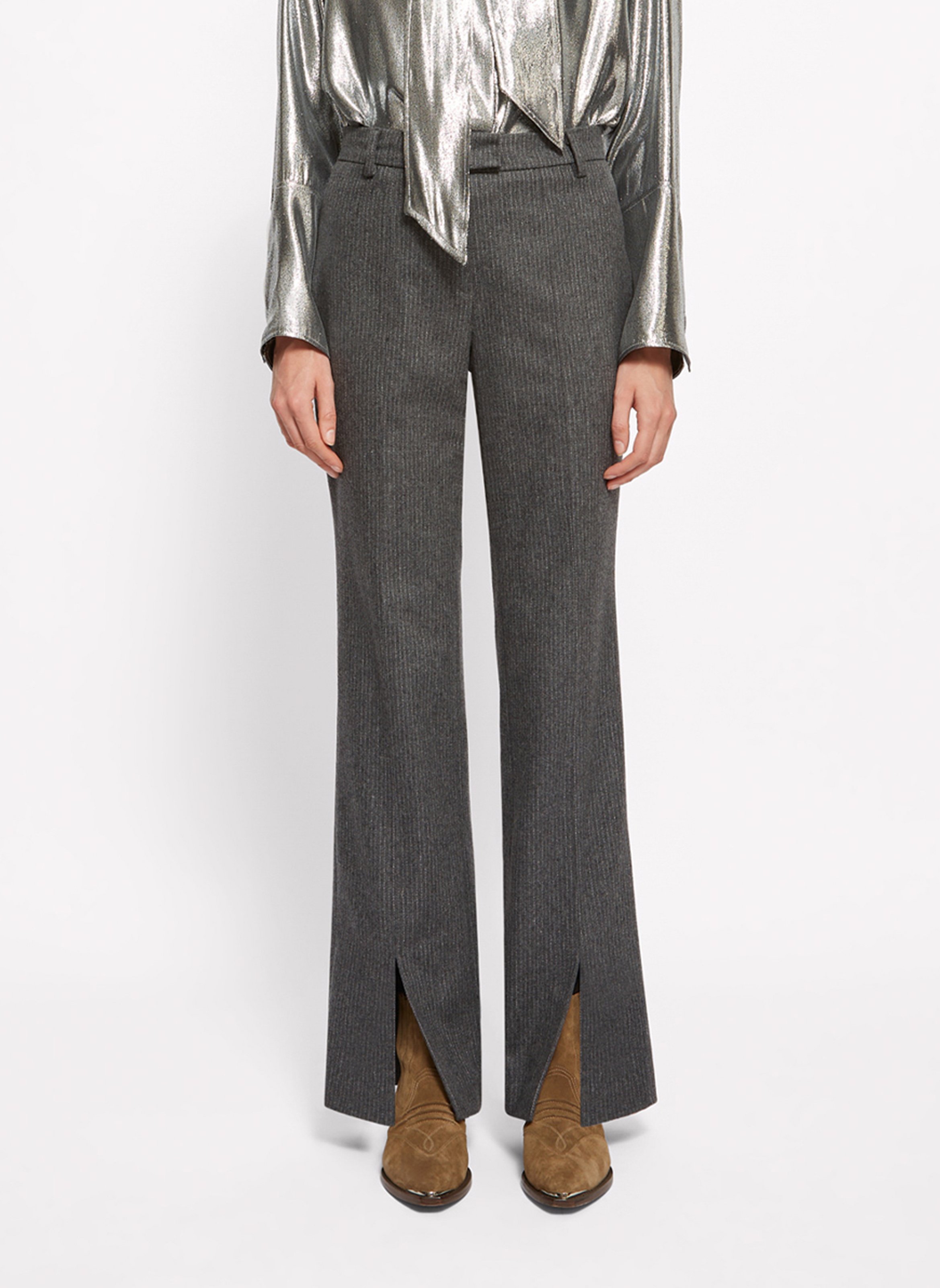 Pantalon droit en laine mélangée rayé ROSEANNA Gris