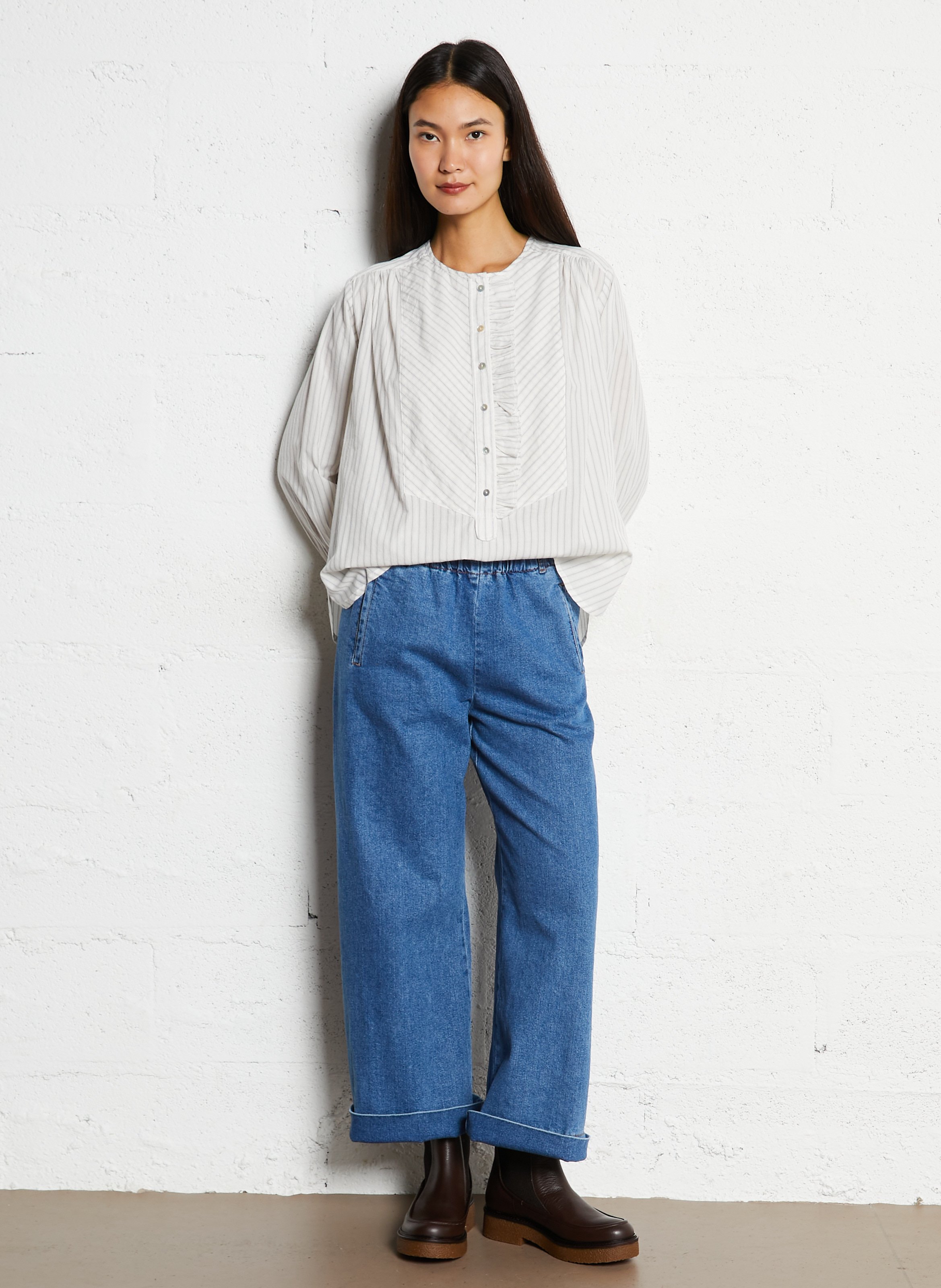 Jean large en denim de coton mélangé Bleu