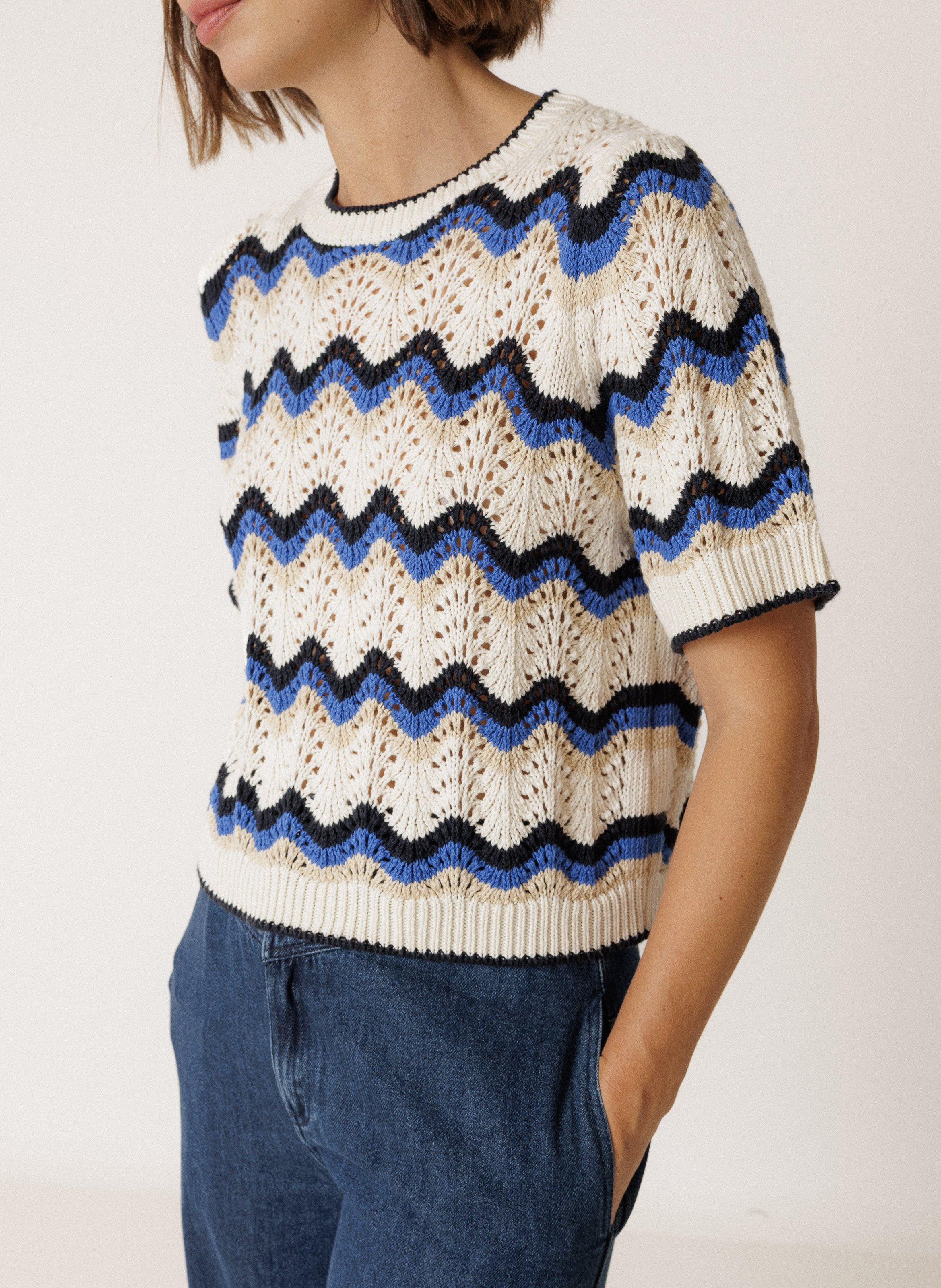 Gerader Rundhalsausschnittpullover aus Häkelstrick INDI & COLD Blau