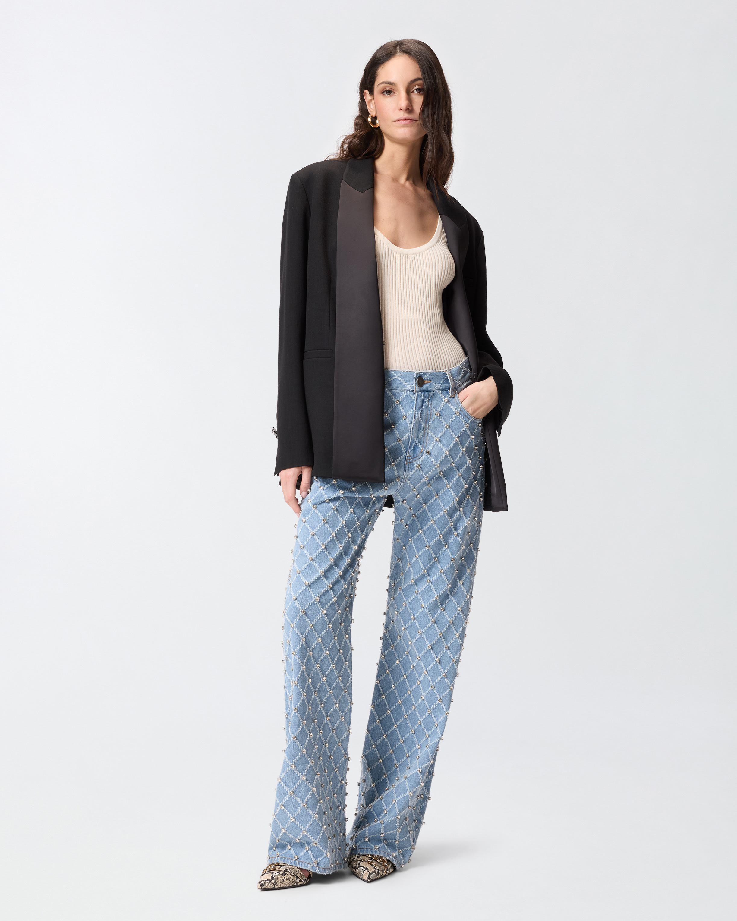 Wide-leg jeans with diamond patterns and rhinestones PINKO Blue