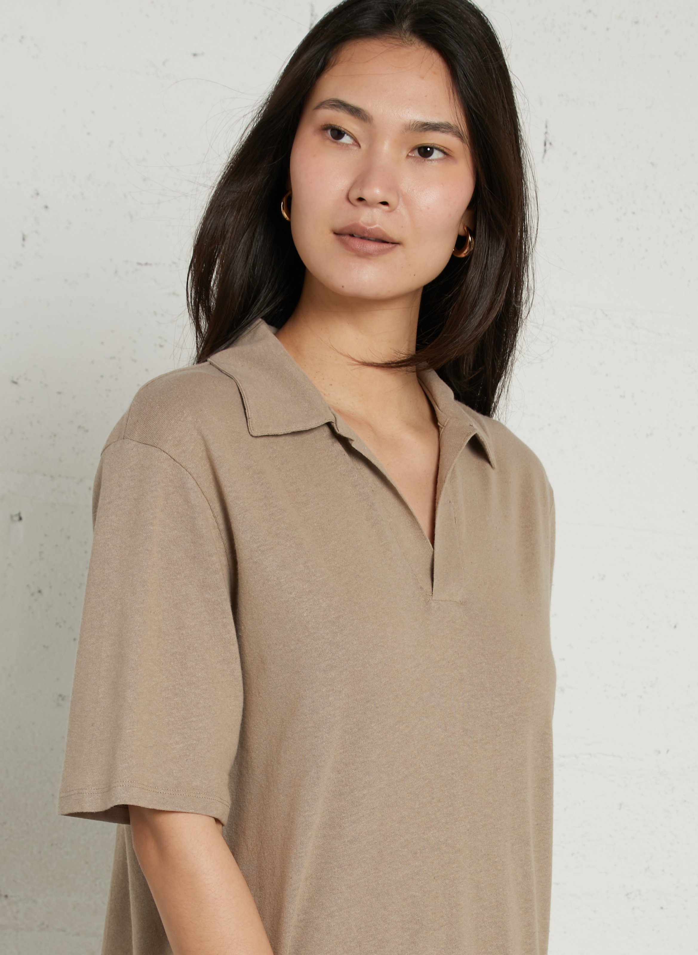 Robe longue col polo en coton et en laine mélangés MAJESTIC FILATURES Beige