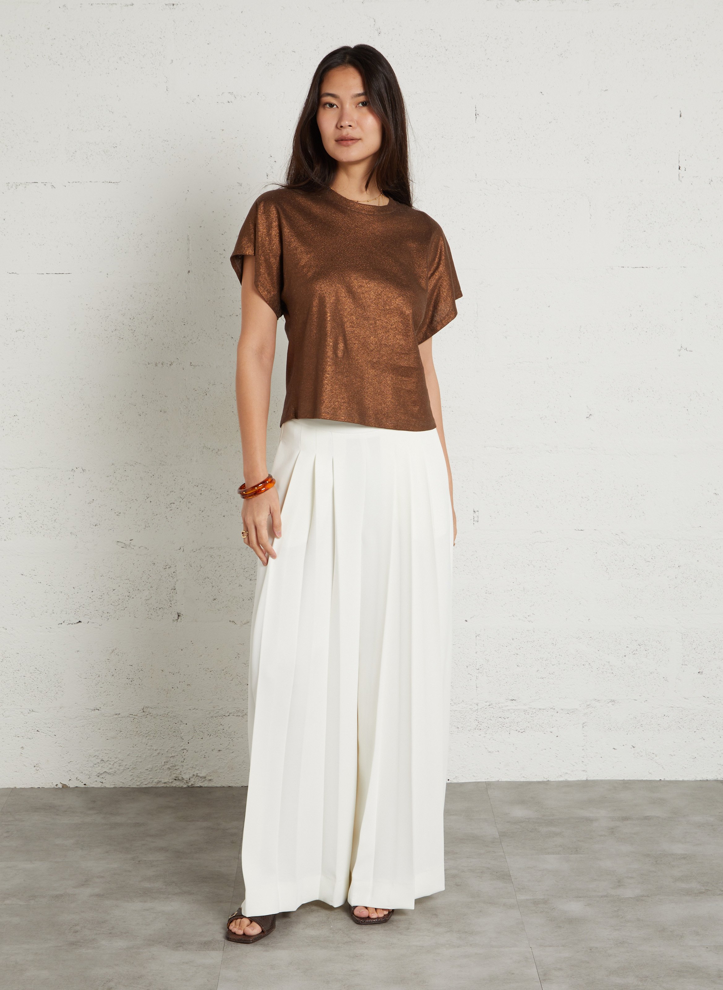 Tee-shirt ajusté col rond en coton et lin MAJESTIC FILATURES Marron