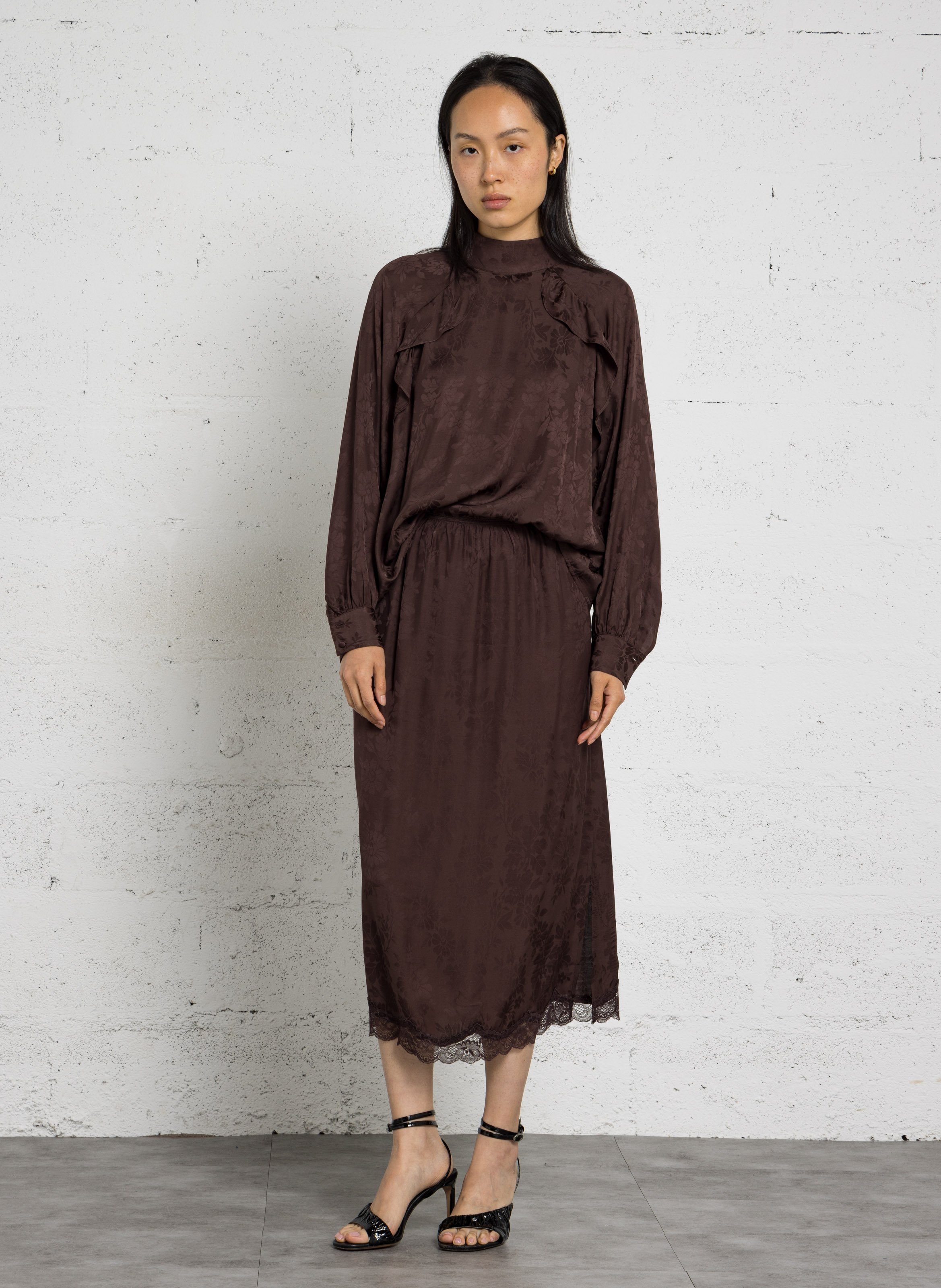 Jupe midi à motifs finition dentelle PETITE MENDIGOTE Marron