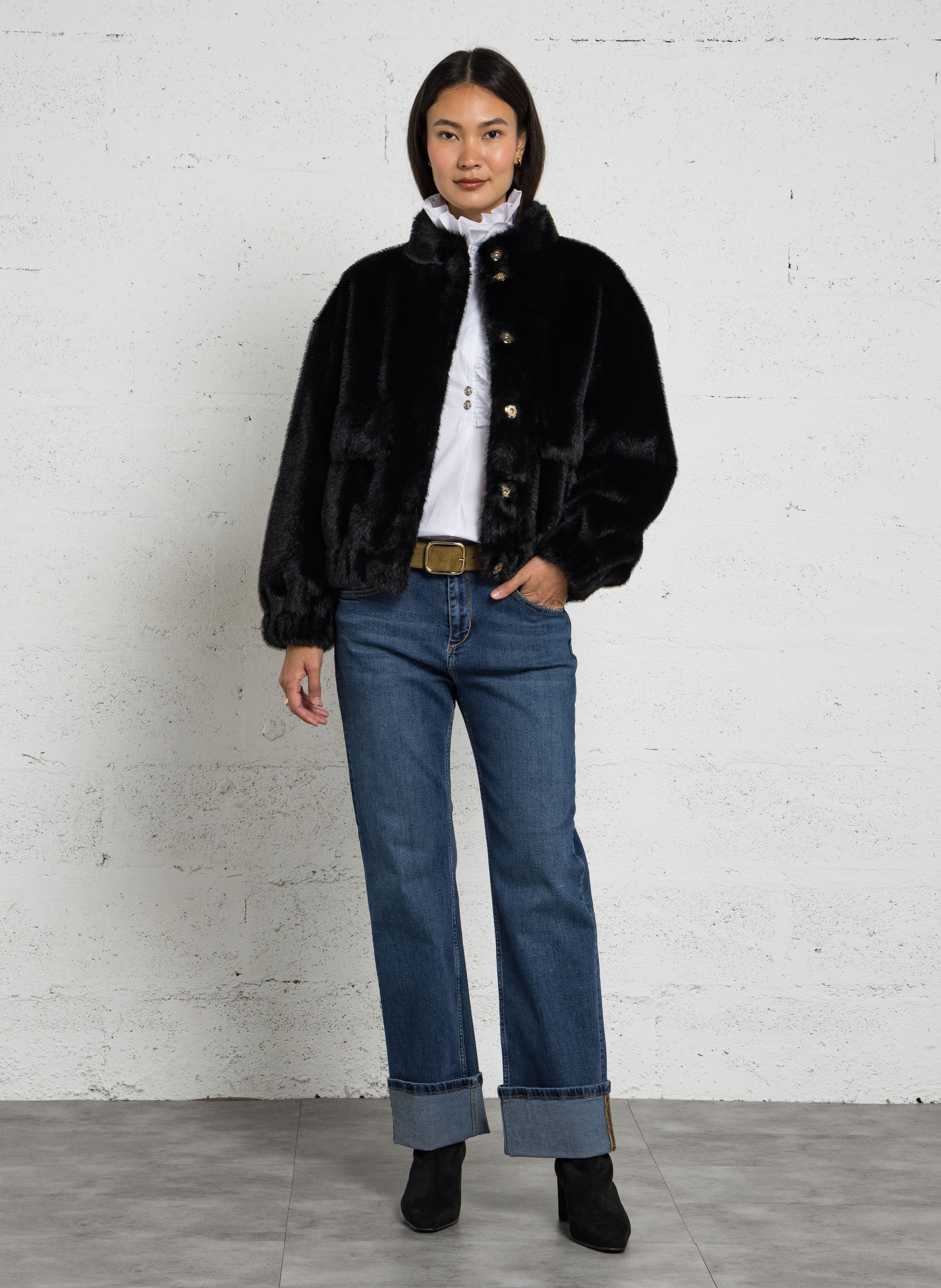 Short oversized coat in faux fur LIU JO Black