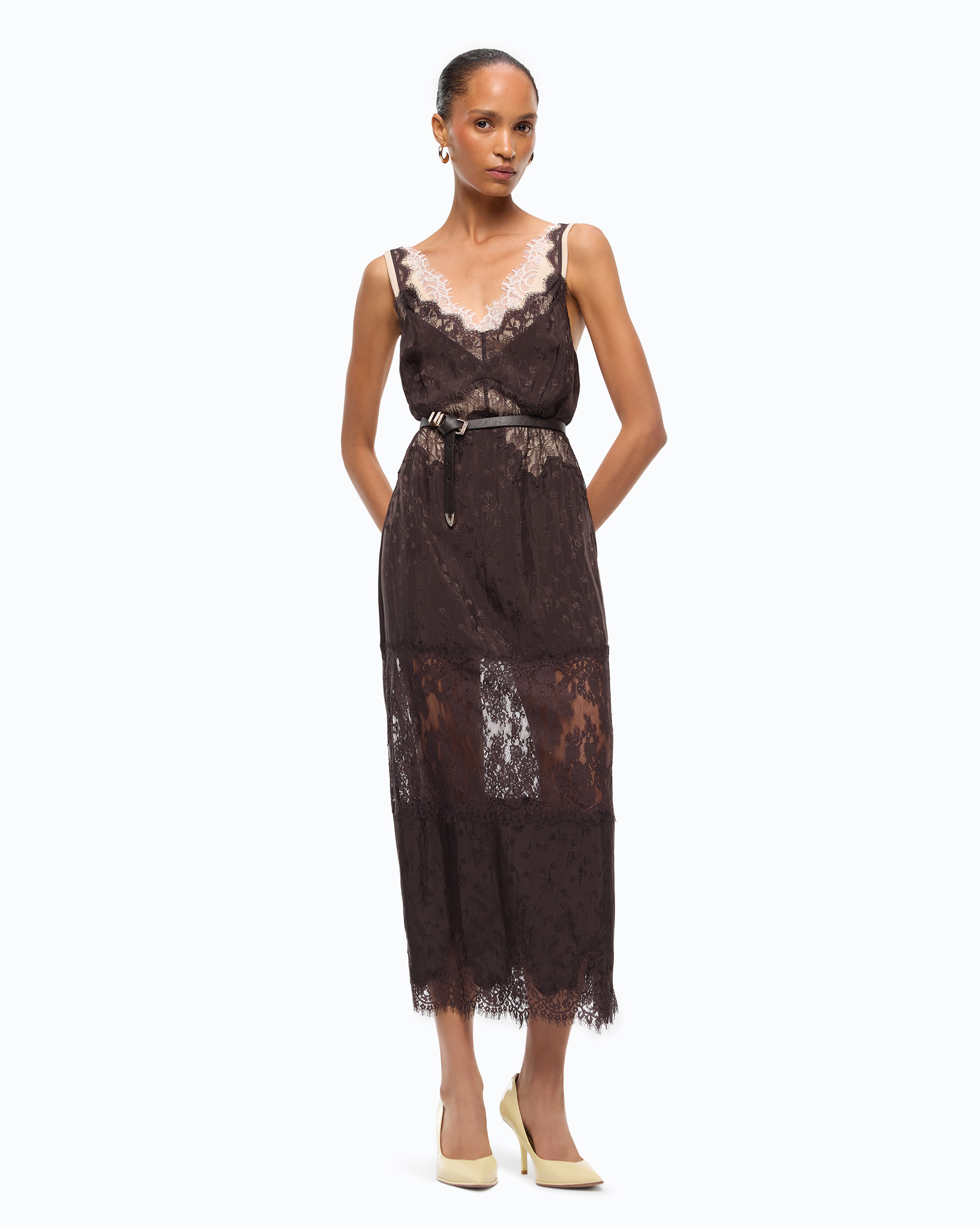 Robe nuisette mi-longue avec bandes en dentelle PINKO Marron