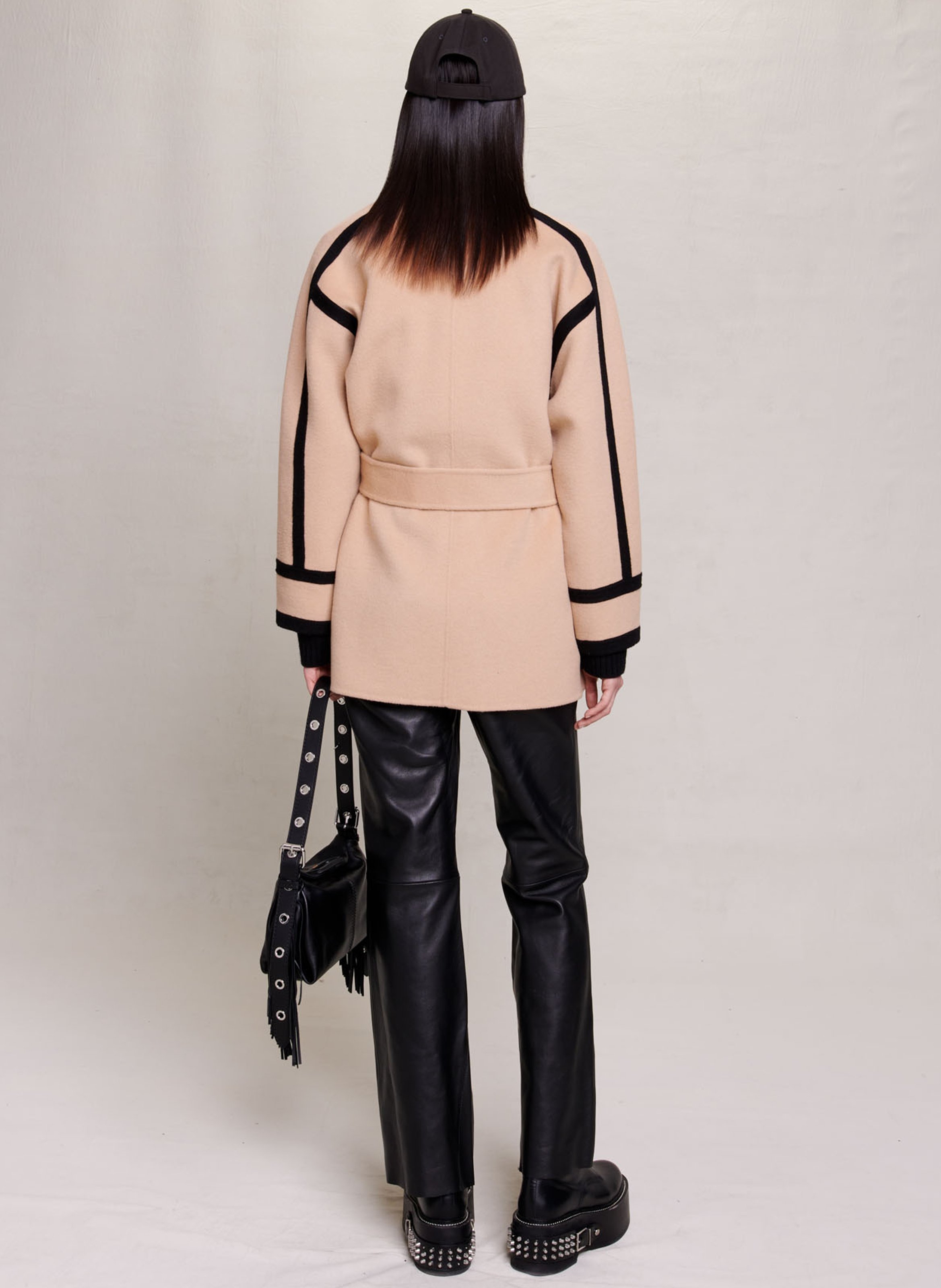 maje smooth double faced jacket with belt