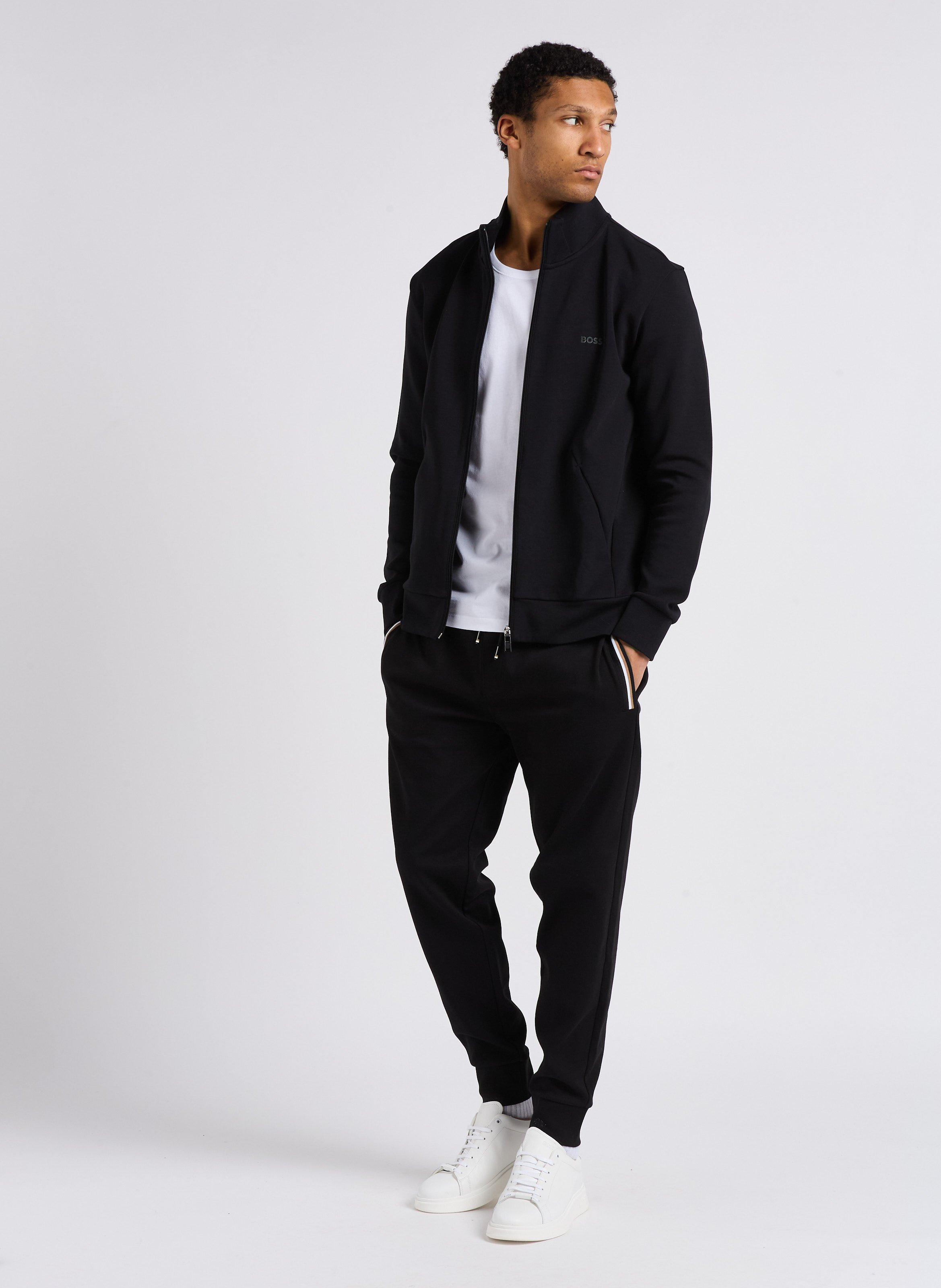 Screen-printed stretch cotton straight zipped sweater BOSS Black