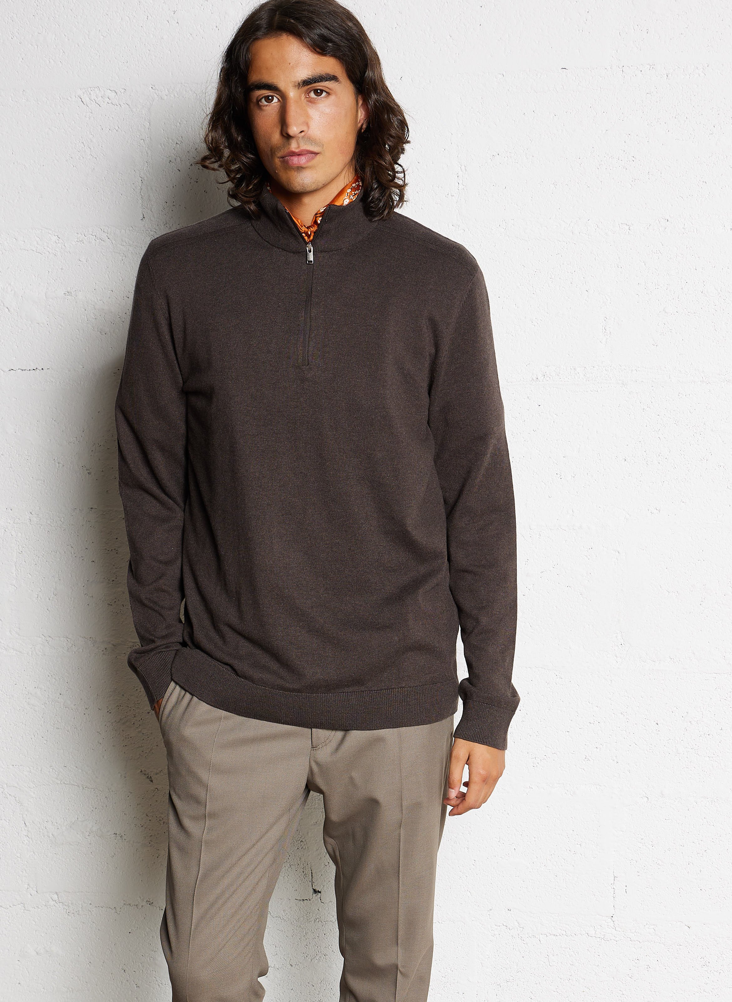 Regular-fit cotton sweater with zip-up high neck SELECTED