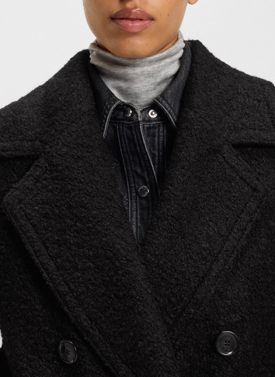 Manteau ample boutonné en maille bouclée BOSS Noir