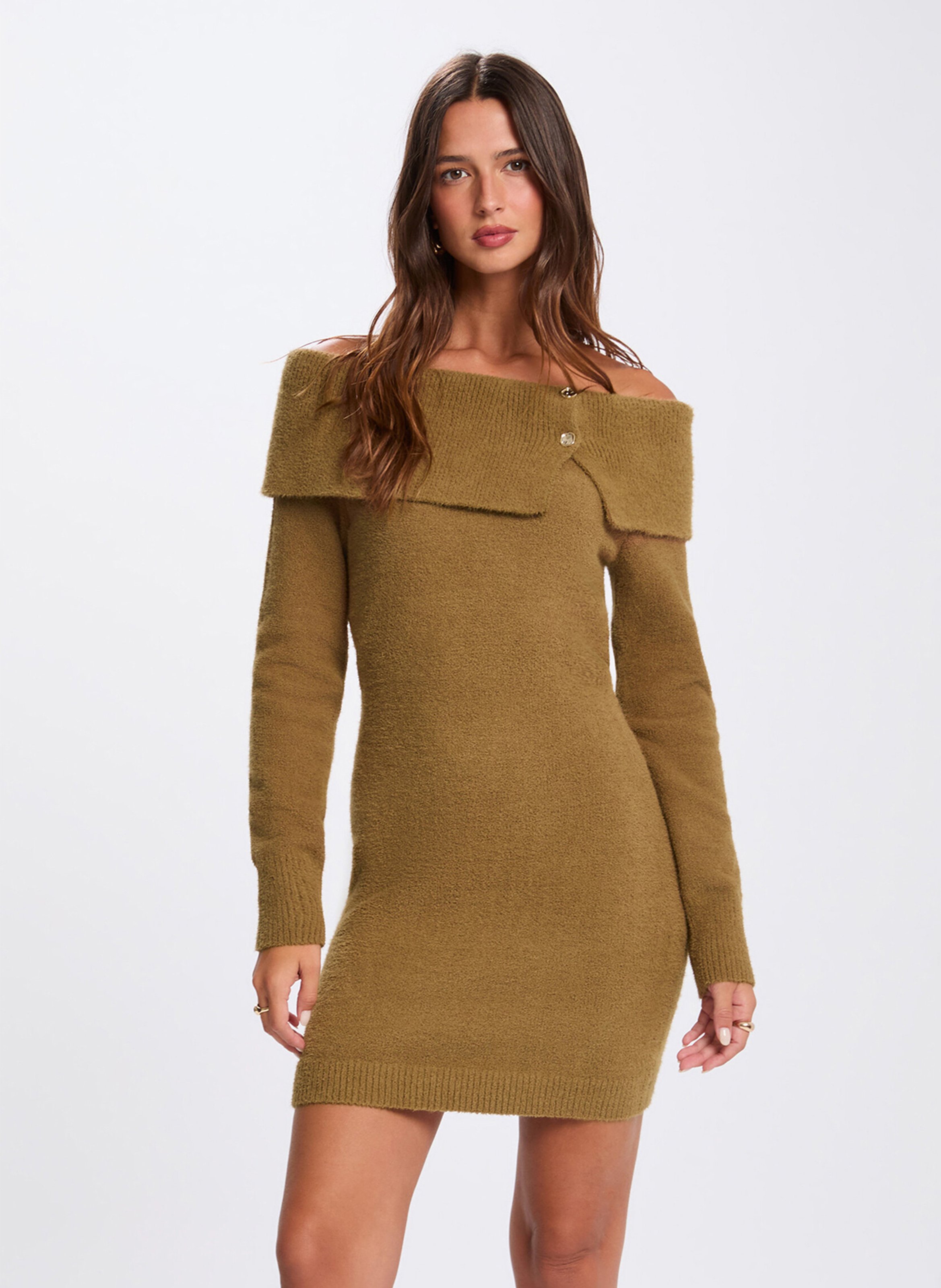 Robe courte col bardot en maille MORGAN Marron