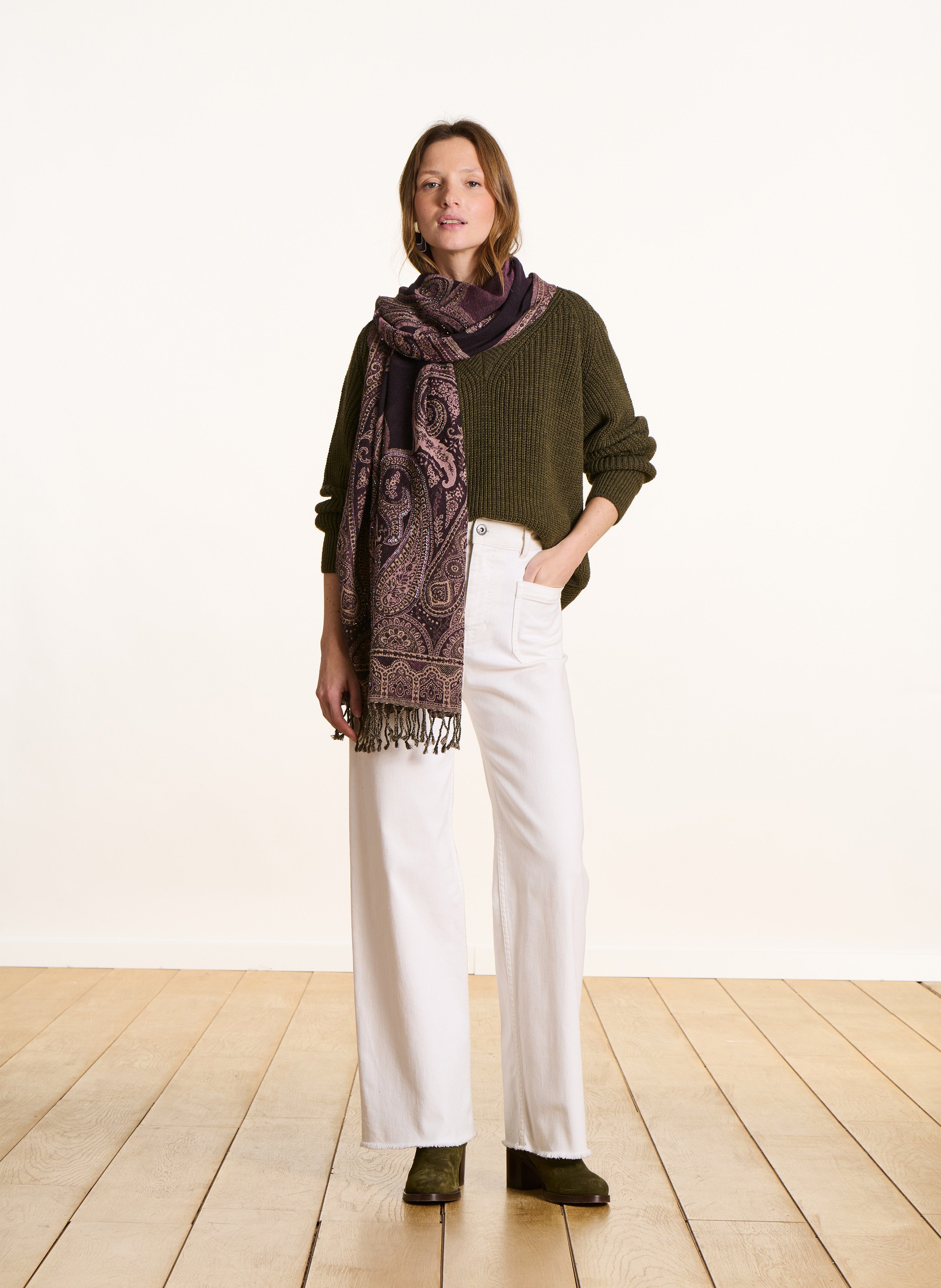 Echarpe brodée en laine et coton LA FEE MARABOUTEE Grey