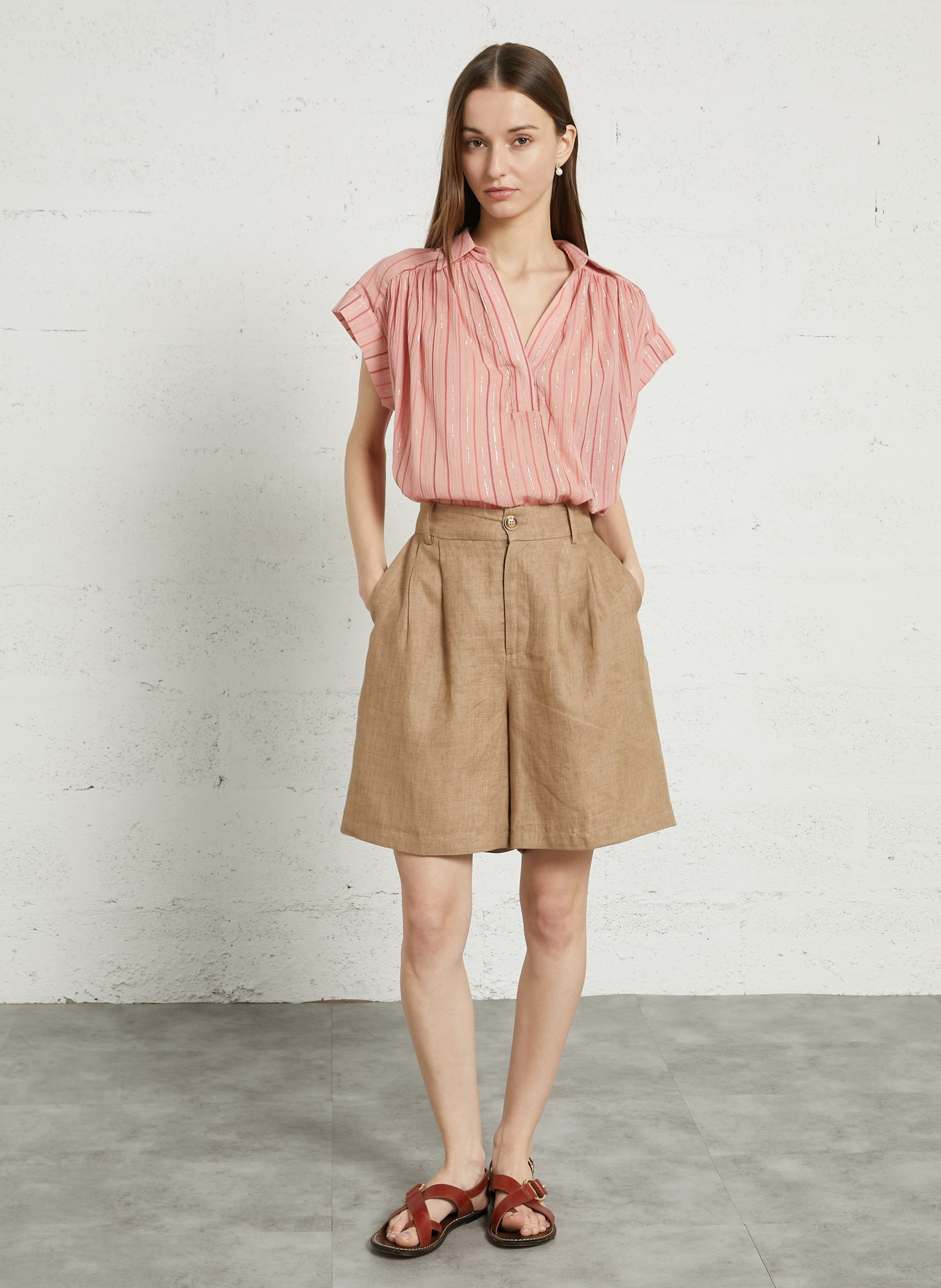 High-waisted linen shorts SEE U SOON Beige