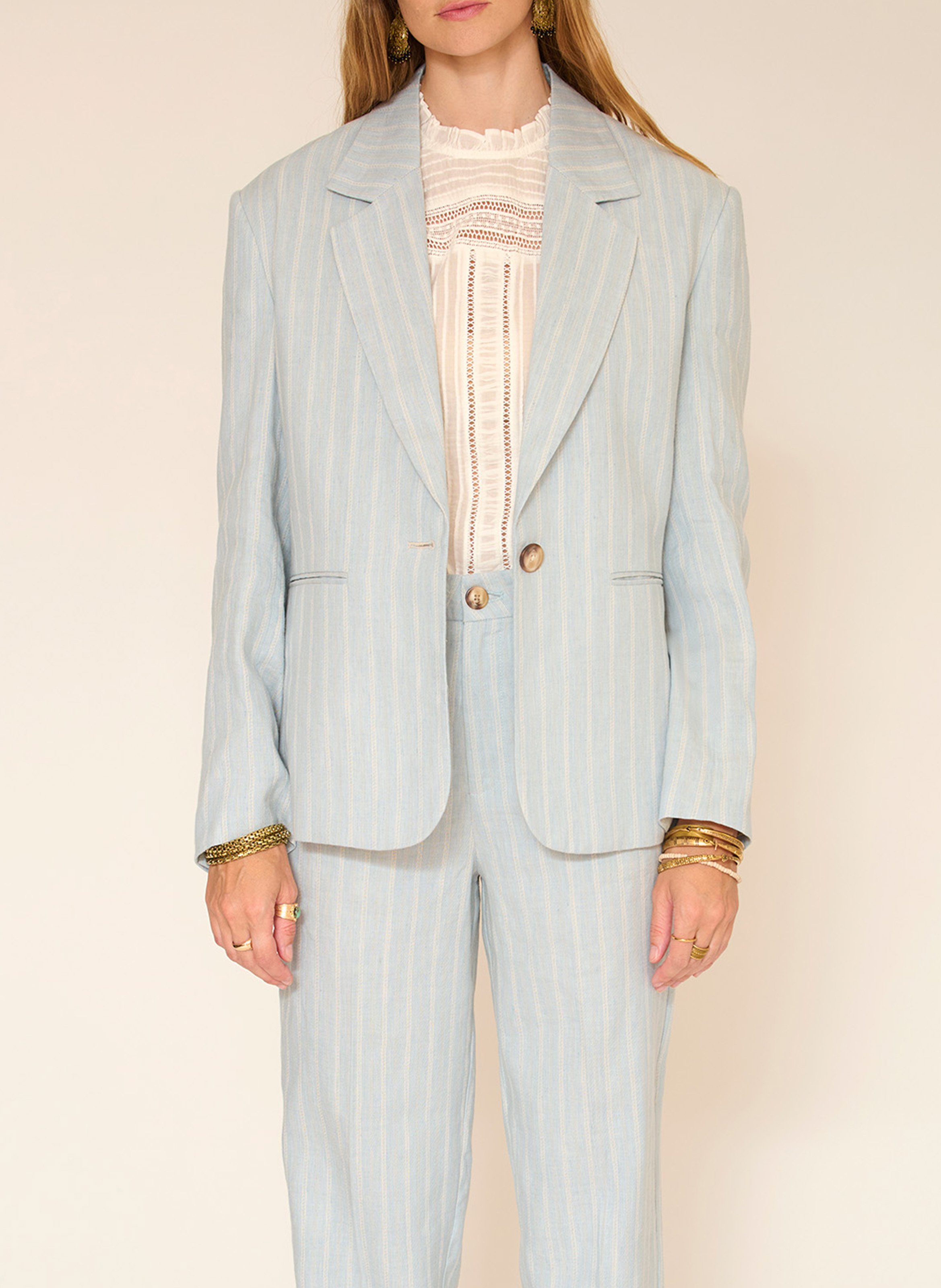 Gerade geschnittene Jacke mit Reverskragen und Streifen aus Leinenmischung MKT Blau