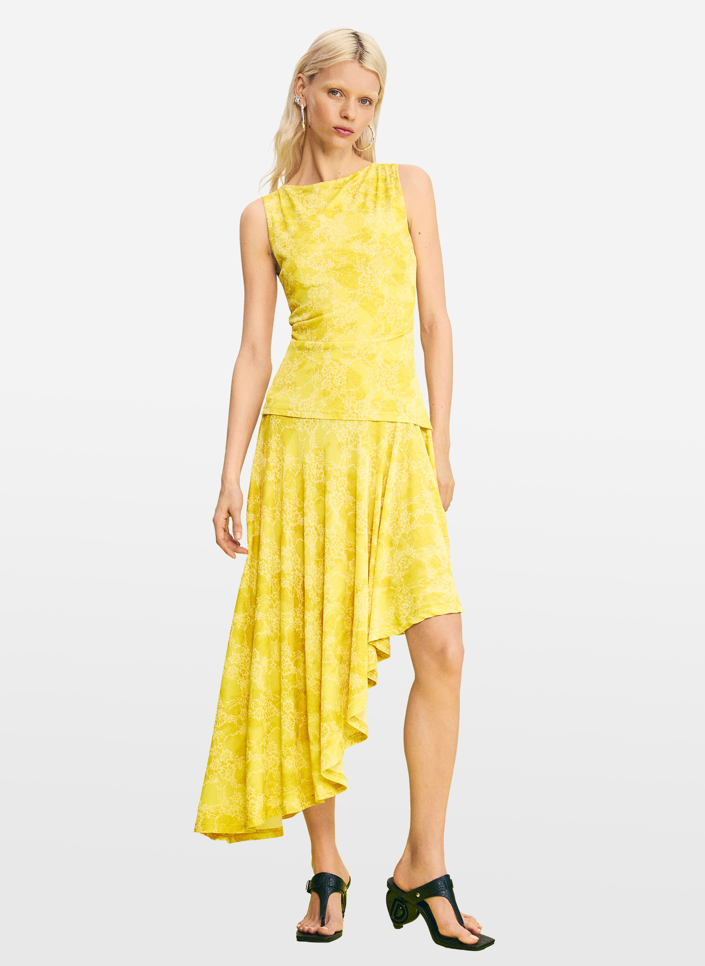 Robe courte asymétrique imprimée col rond DESIGUAL Jaune