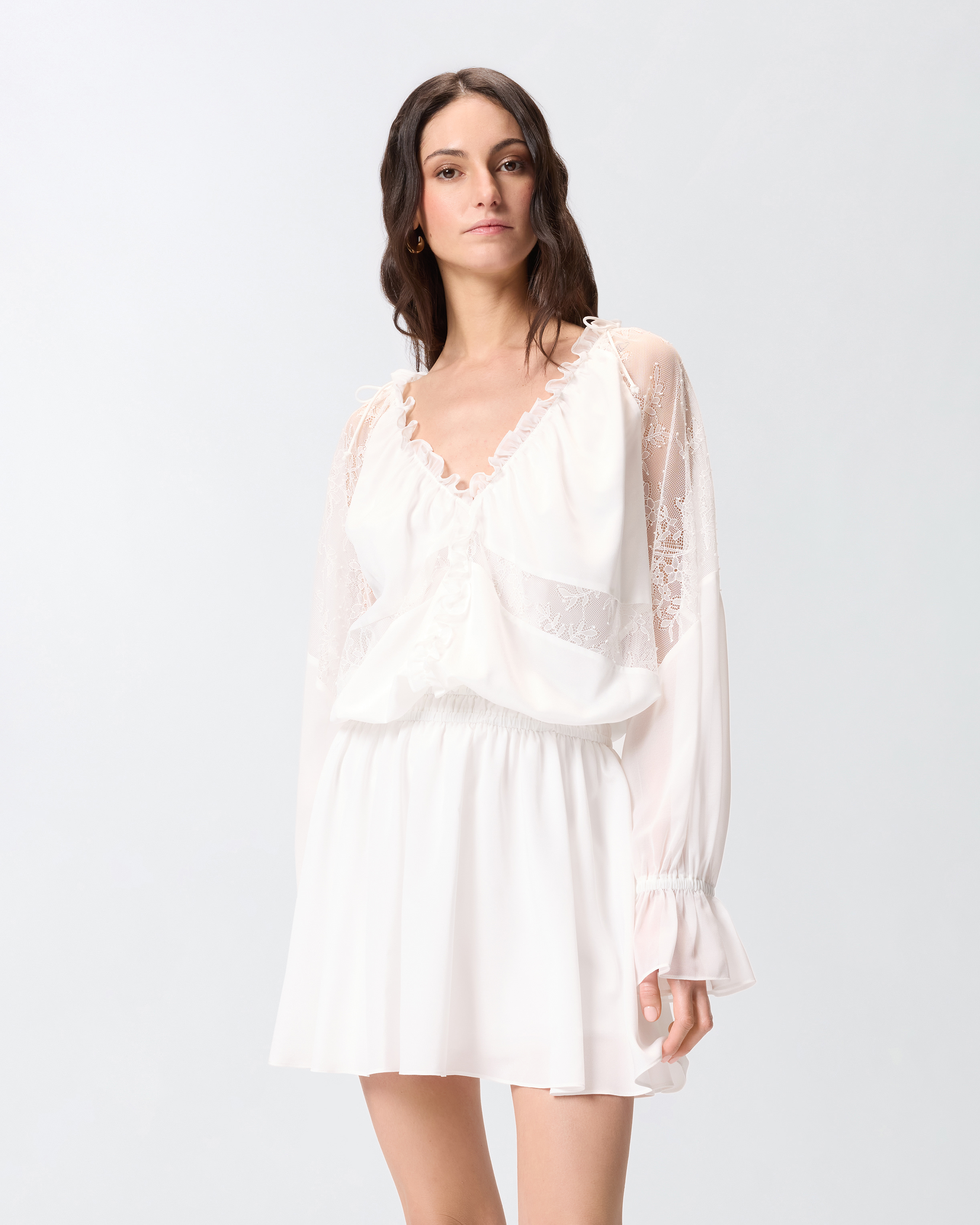 Robe courte à manches longues et détails en dentelle PINKO Blanc