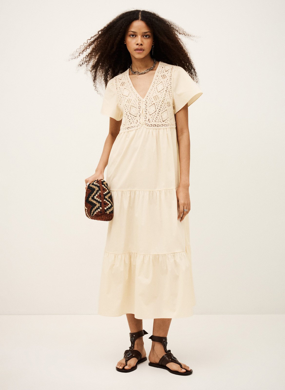 Robe longue col V en coton BA&SH Beige